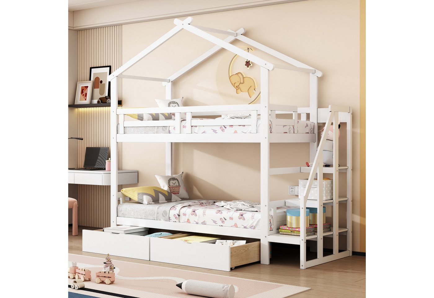 Flieks Etagenbett, Hausbett Kinderbett 90x200cm mit 2 Schubladen und Staura günstig online kaufen