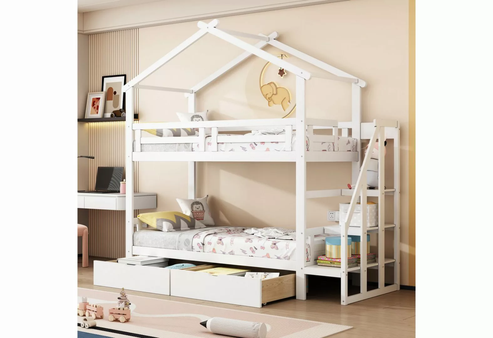 OKWISH Etagenbett Holzbett Kinderbett Hausbett Einzelbett (Massivholz-Holzb günstig online kaufen