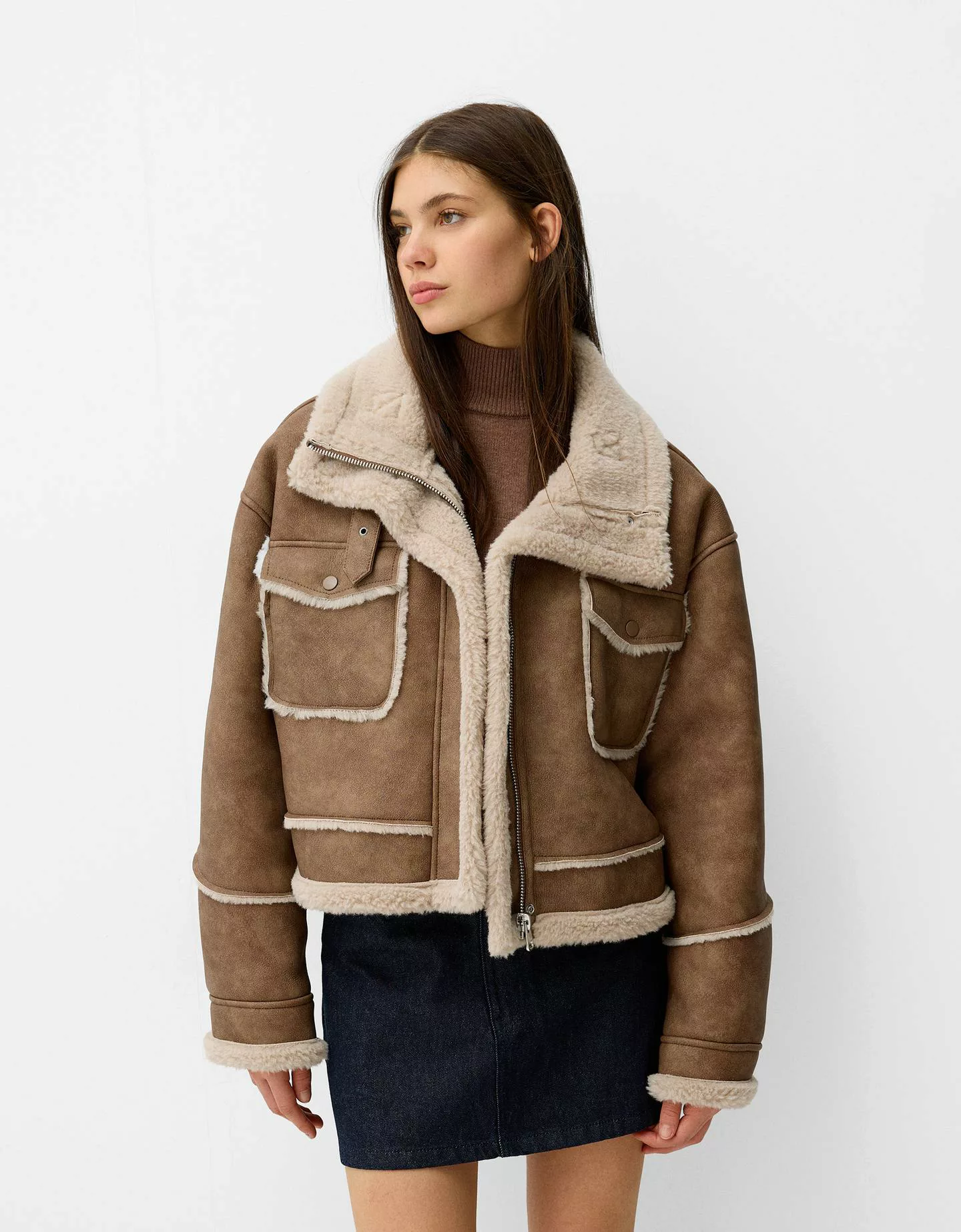 Bershka Doubleface-Kunstlederjacke Damen S Camel günstig online kaufen