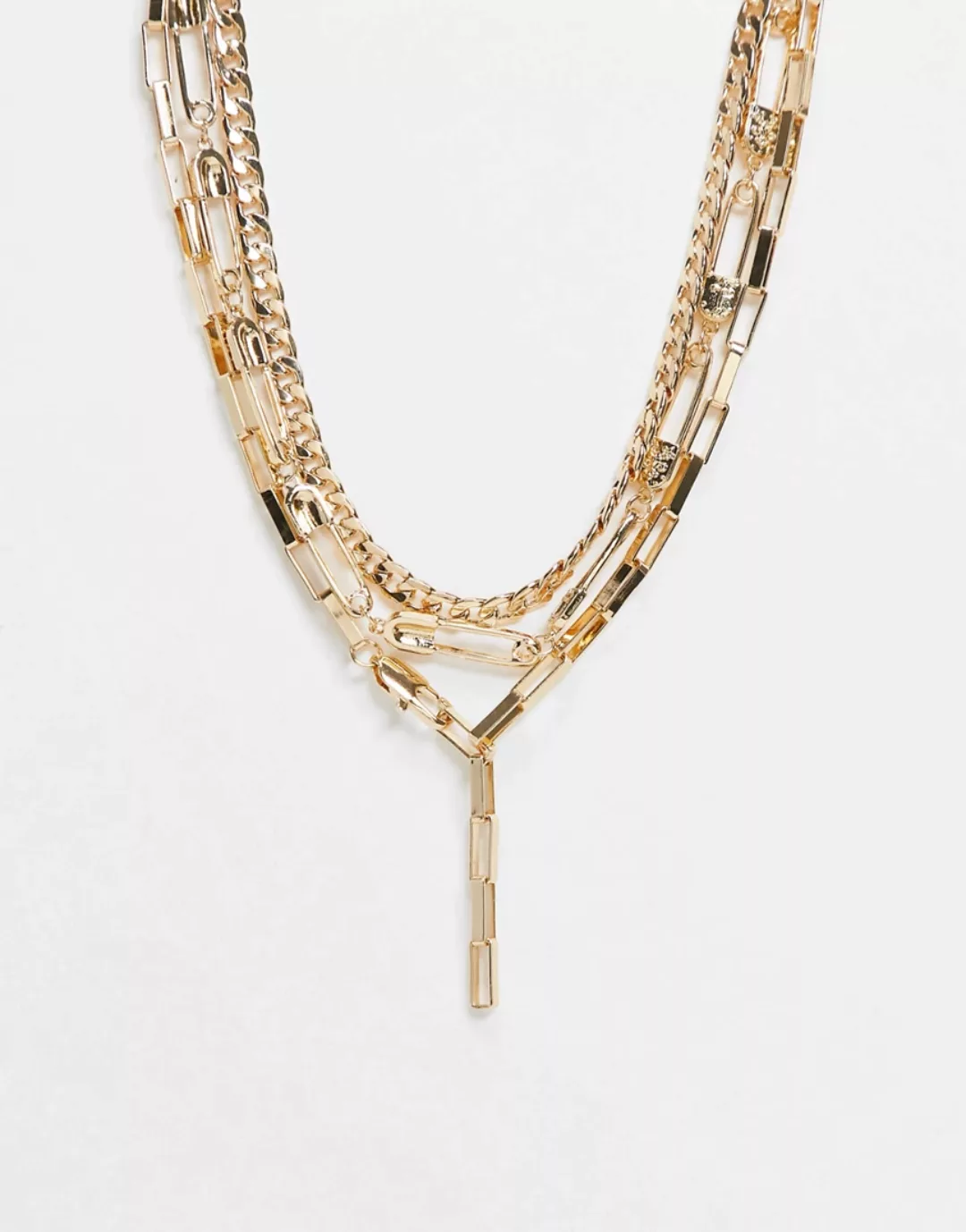 ASOS DESIGN – Mehrreihige, goldfarbene Halskette mit Sicherheitsnadel- und günstig online kaufen