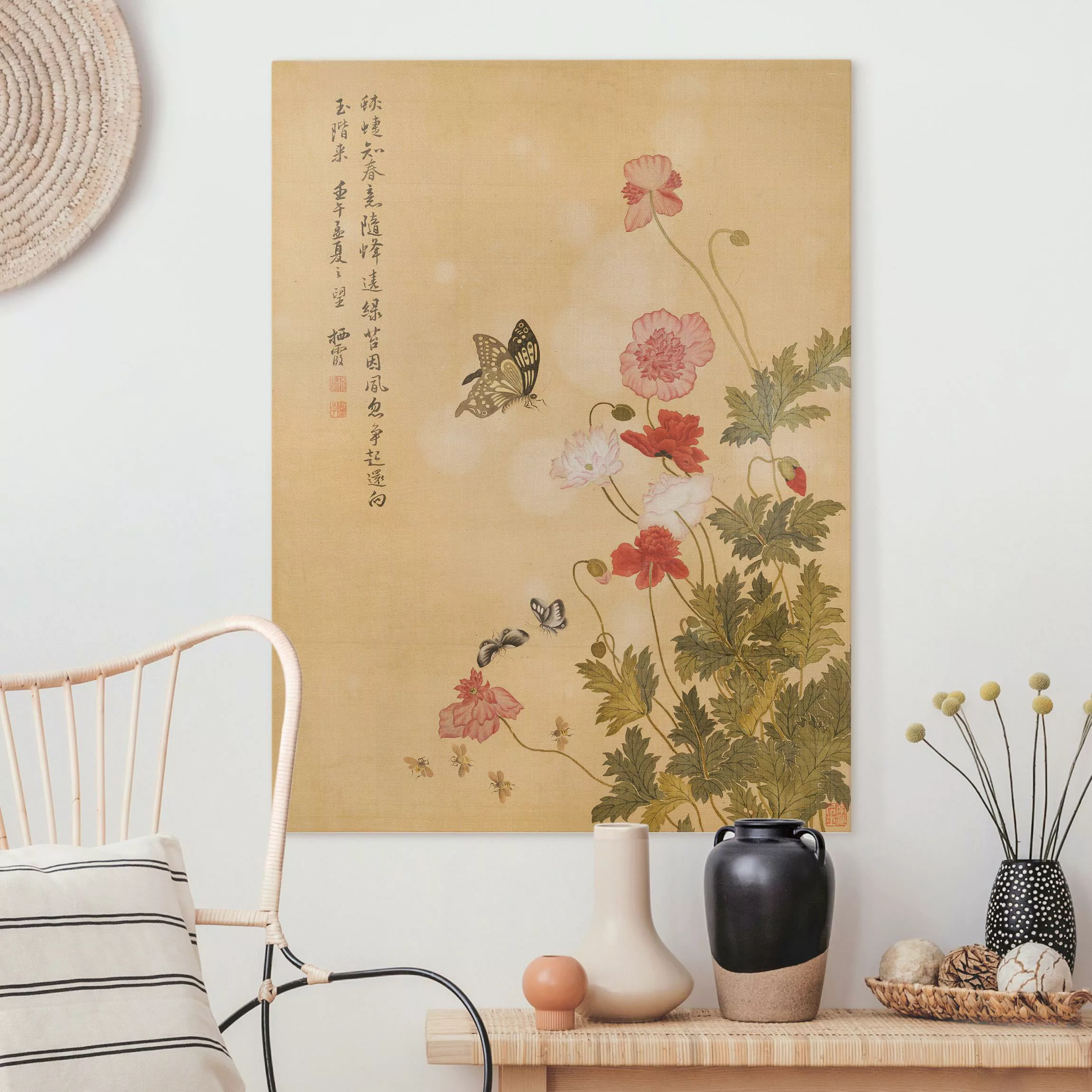 Leinwandbild Yuanyu Ma - Mohnblumen und Schmetterlinge günstig online kaufen