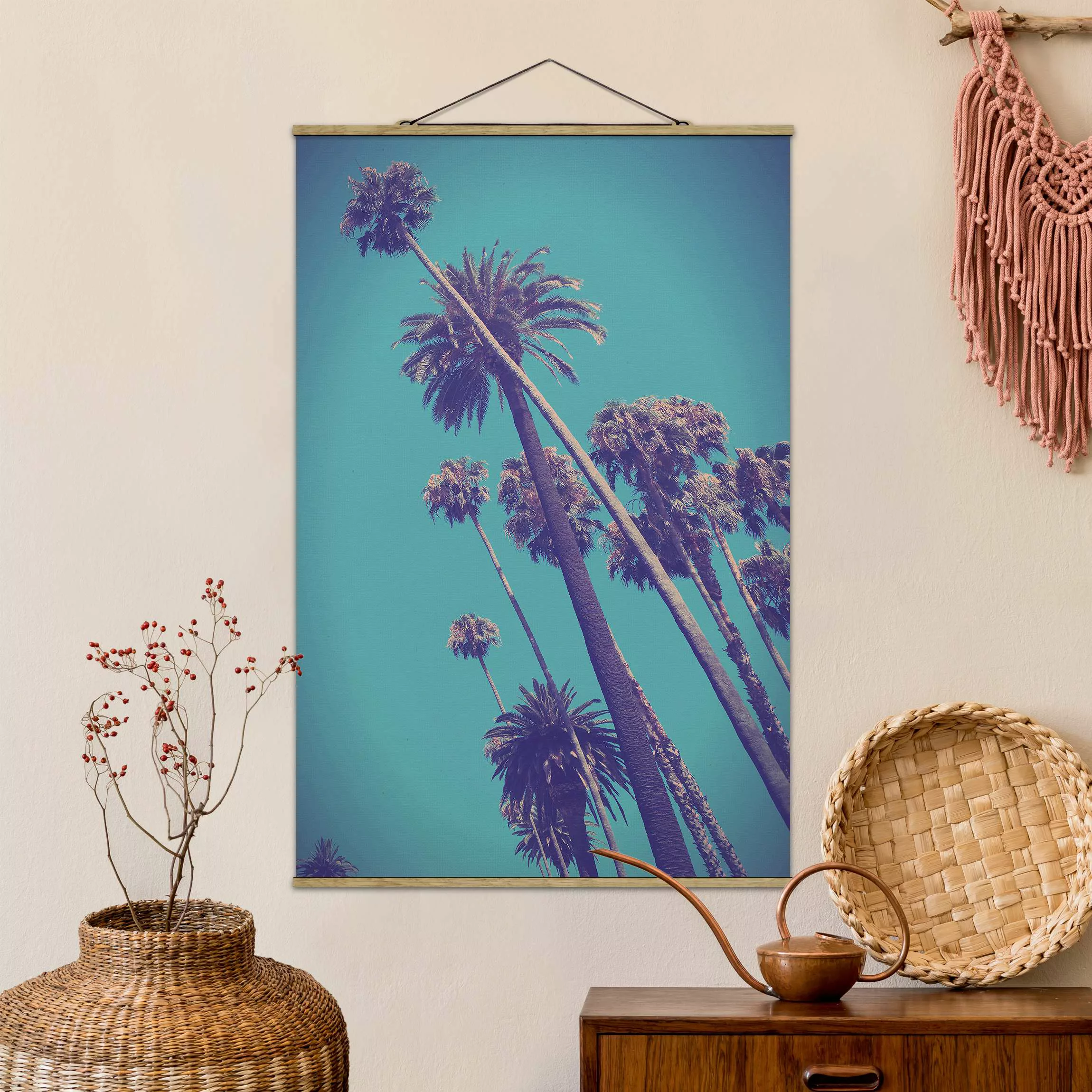 Stoffbild Landschaft mit Posterleisten - Hochformat Tropische Pflanzen Palm günstig online kaufen