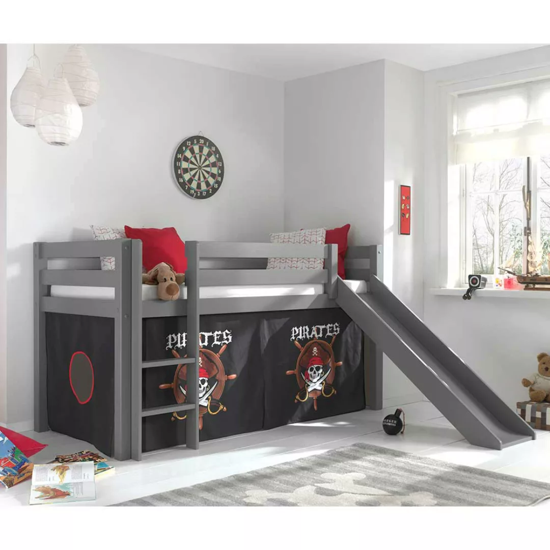 Kinder Einzelbett für Jungs in Grau und Schwarz Pirat Motiv günstig online kaufen