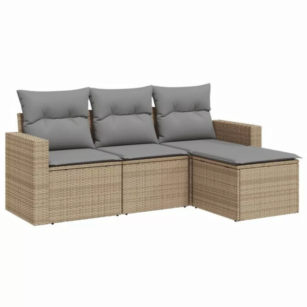 vidaXL Sofaelement 4-tlg. Garten-Sofagarnitur mit Kissen Beige Poly Rattan günstig online kaufen