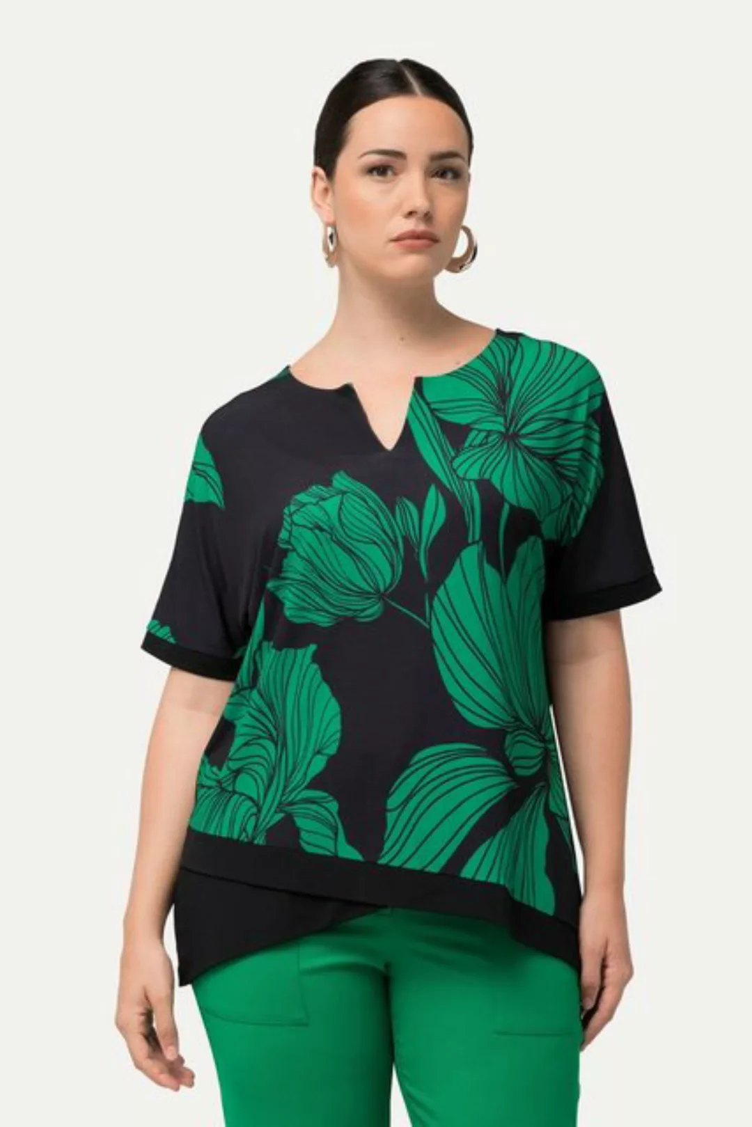 Ulla Popken Druckbluse Blusenshirt Blüten Tunika-Ausschnitt Halbarm günstig online kaufen