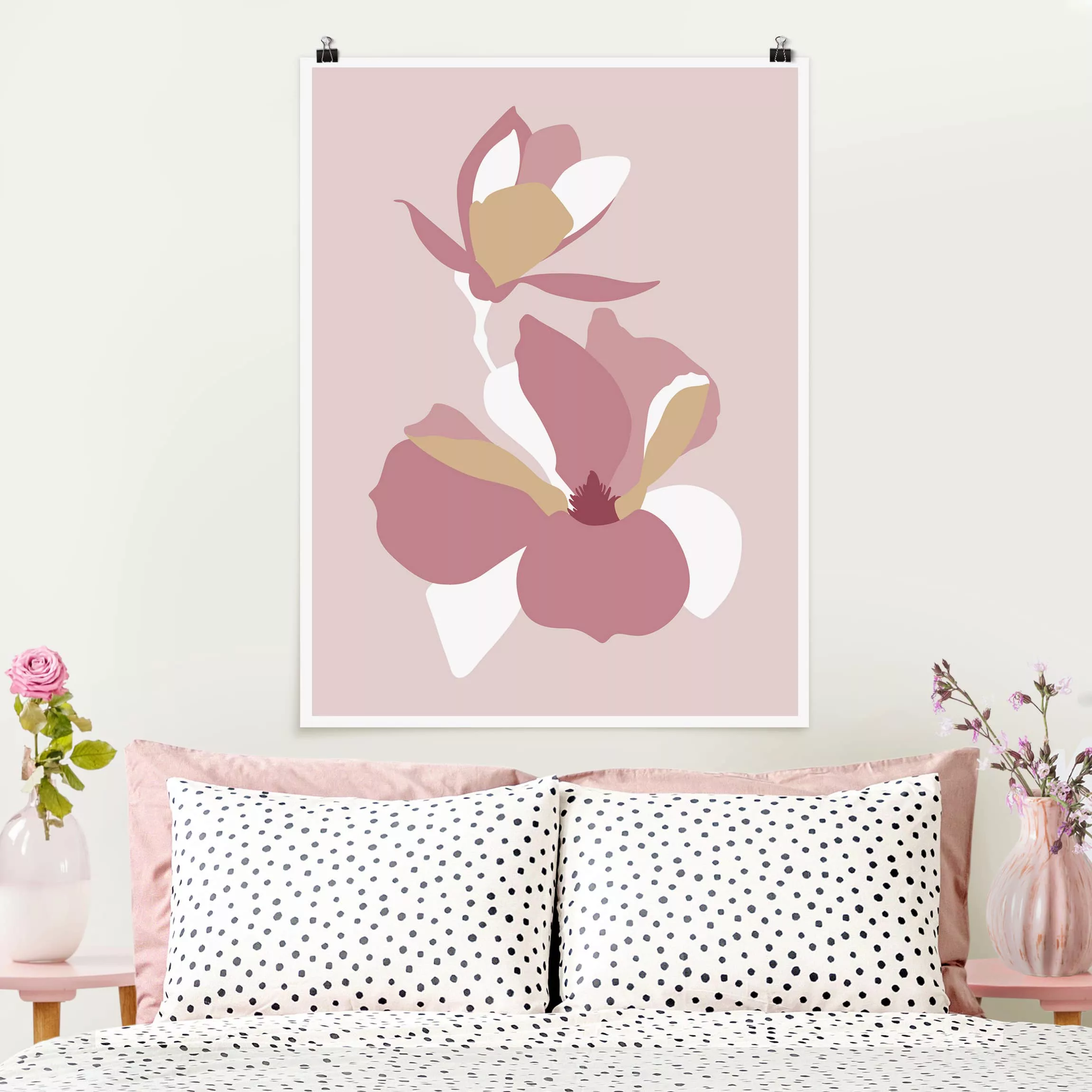 Poster Blumen - Hochformat Line Art Blüten Pastell Rosa günstig online kaufen