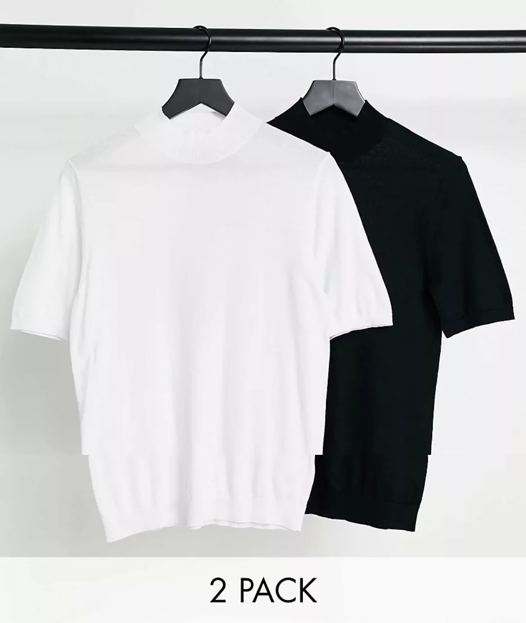 ASOS DESIGN – Kurzärmlige T-Shirts mit Rollkragen im 2er-Pack in Schwarz un günstig online kaufen