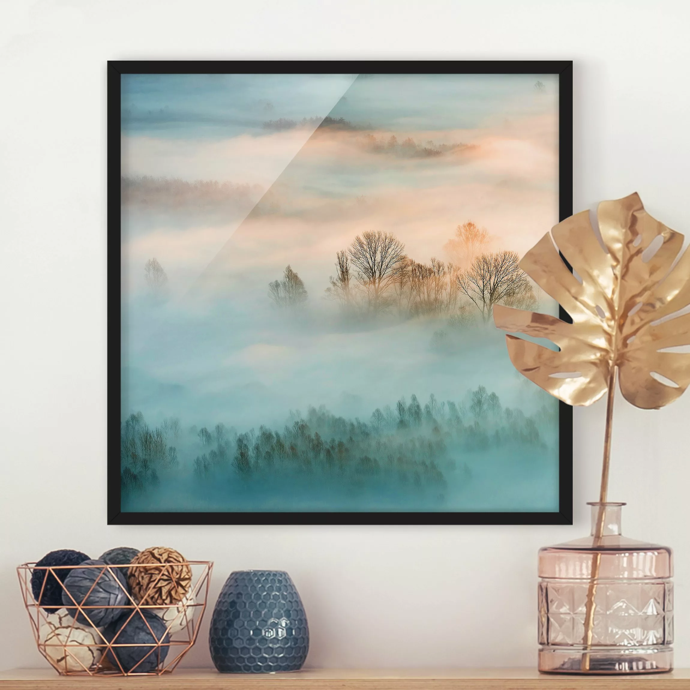 Bild mit Rahmen Natur & Landschaft - Quadrat Nebel bei Sonnenaufgang günstig online kaufen