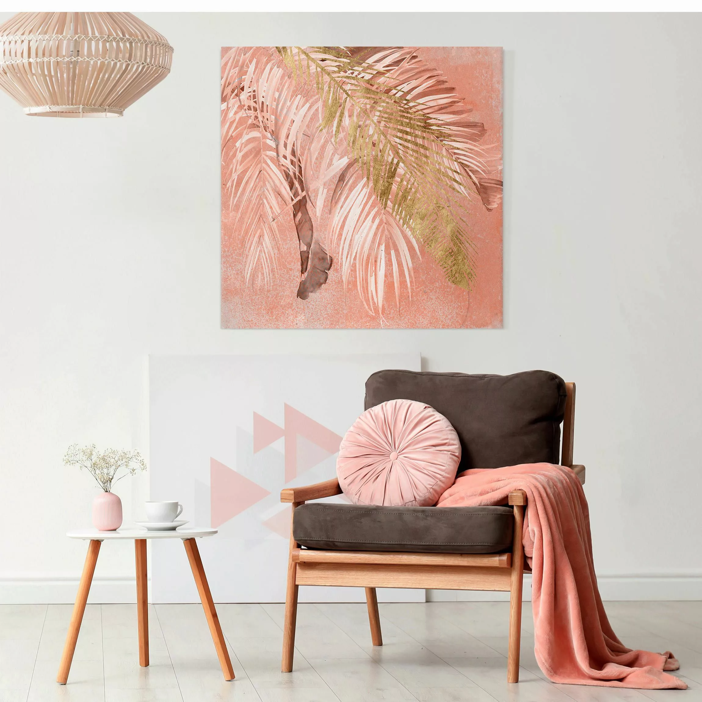 Leinwandbild Palmenblätter Rosa und Gold II günstig online kaufen