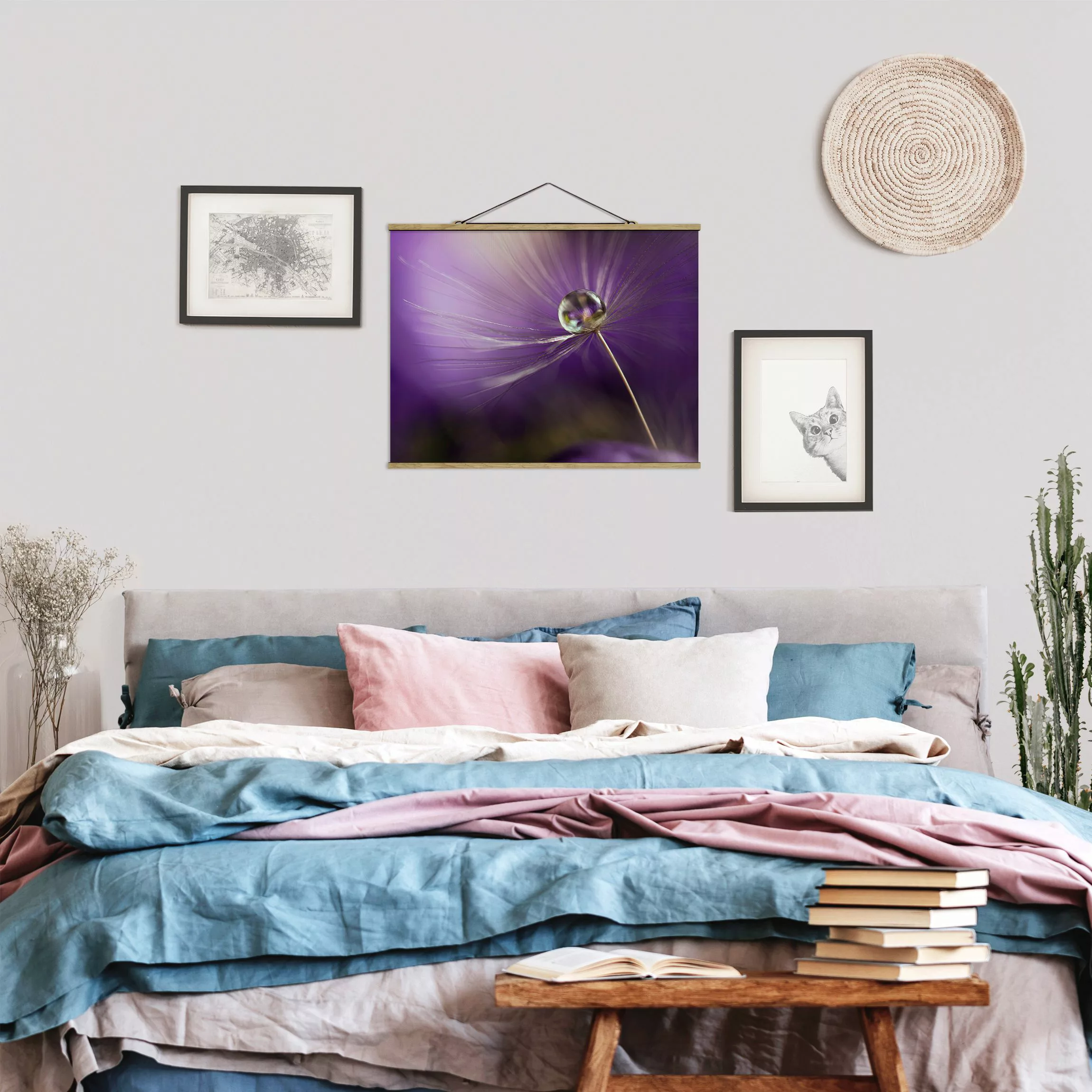 Stoffbild Blumen mit Posterleisten - Querformat Pusteblume in Violett günstig online kaufen