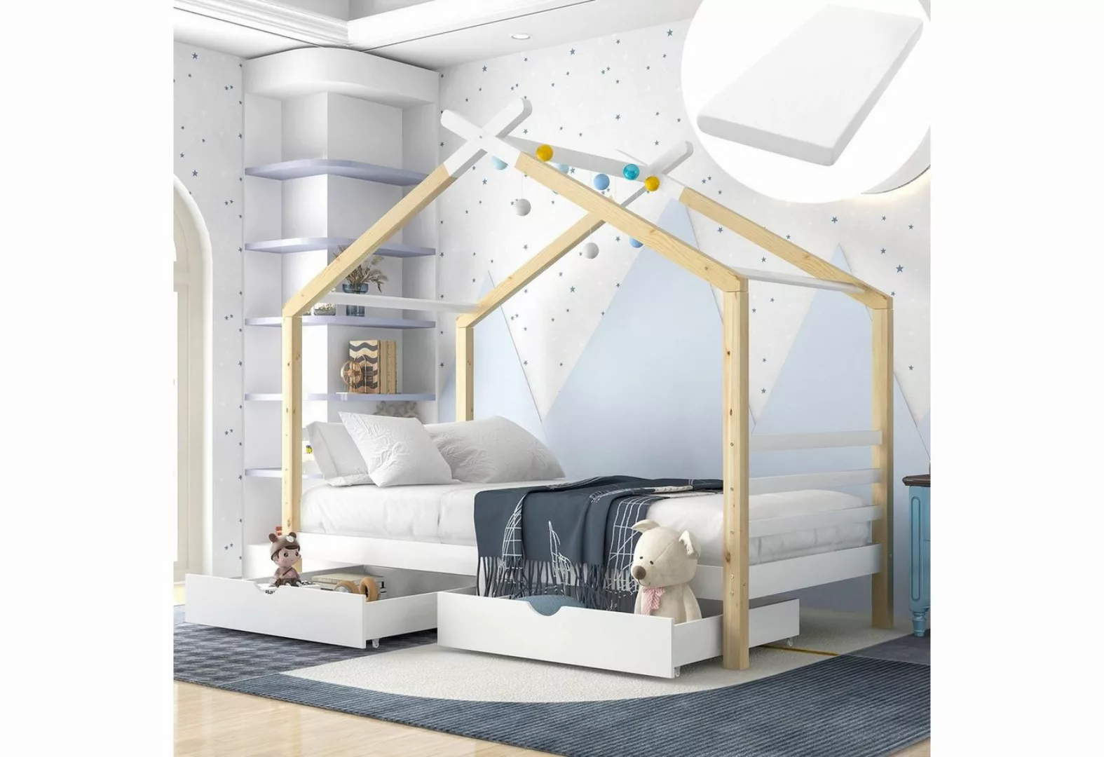 SOFTWEARY Kinderbett (Hausbett mit Komfortschaummatratze, 2 Schubladen und günstig online kaufen
