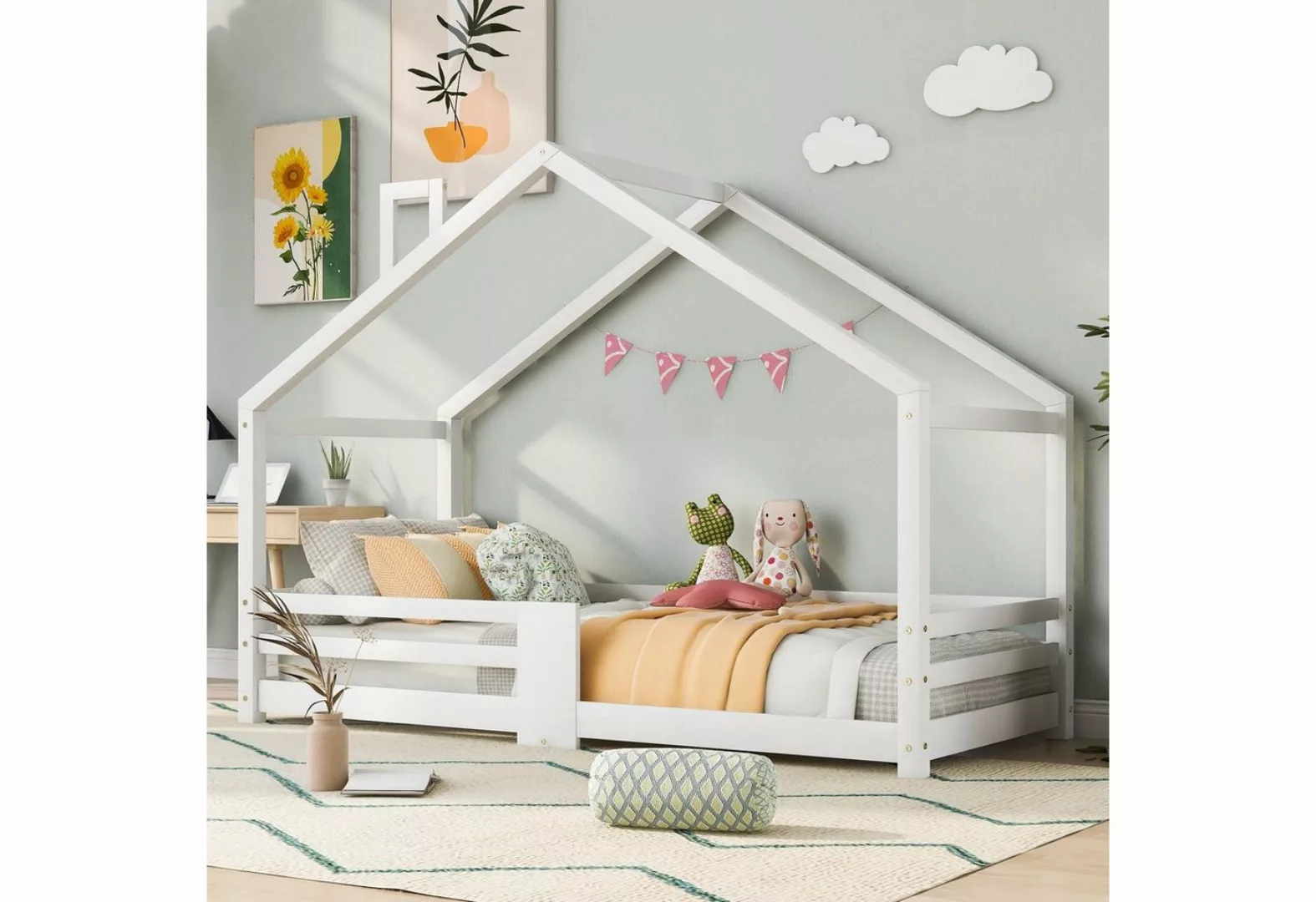 SOFTWEARY Kinderbett Hausbett mit Lattenrost (90x200 cm), Einzelbett mit Ra günstig online kaufen