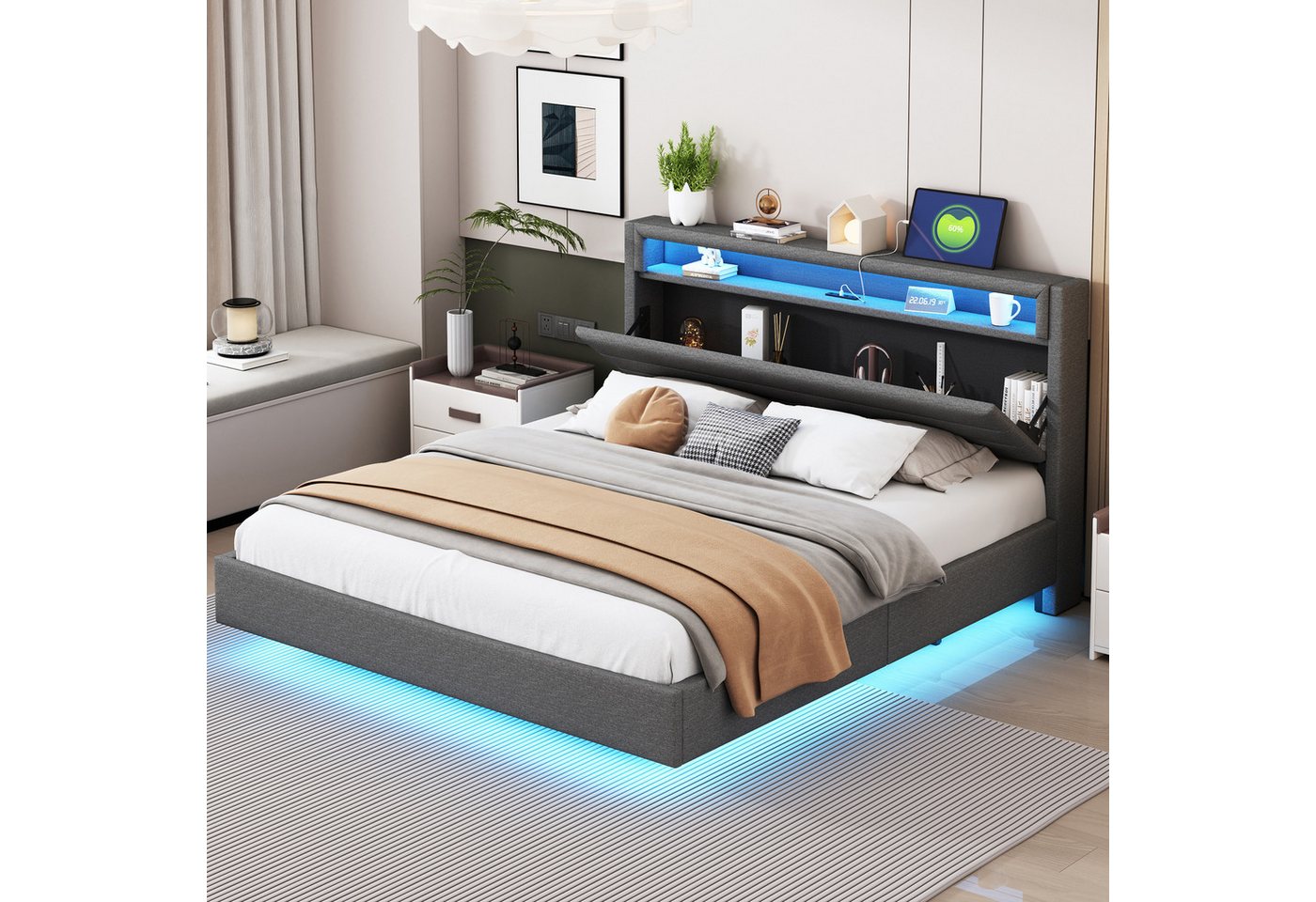 Flieks Polsterbett, LED Doppelbett 160x200cm mit USB-Laden und Stauraum am günstig online kaufen