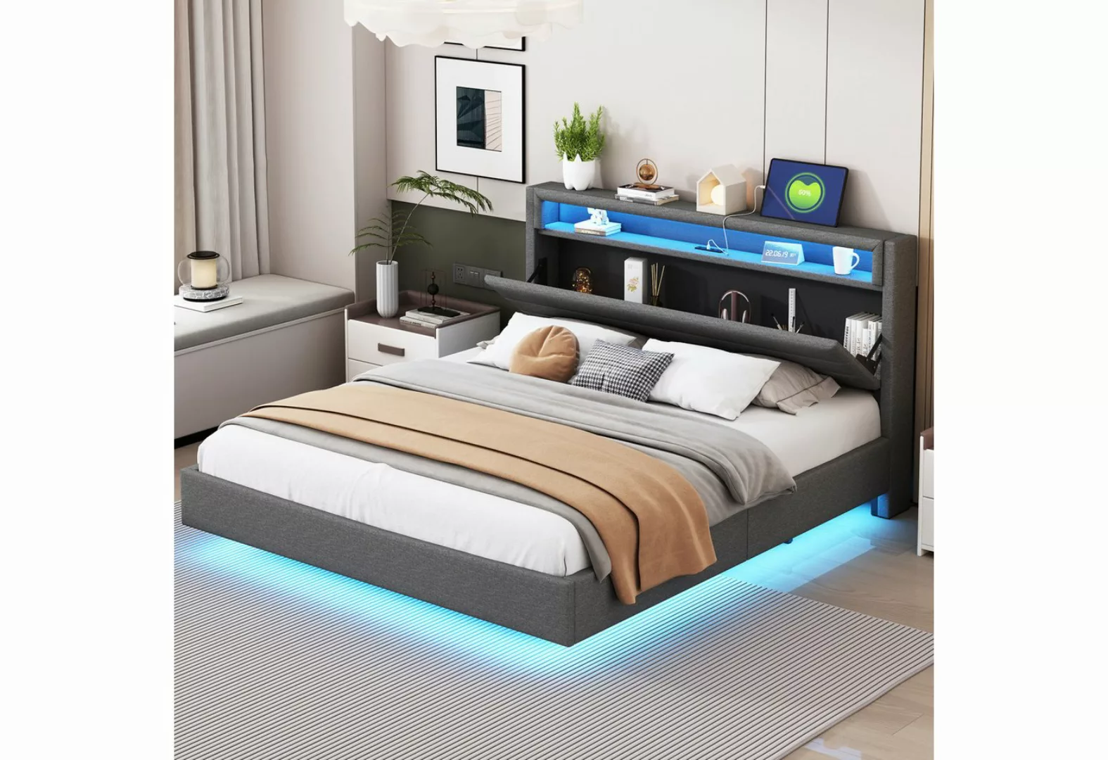HAUSS SPLOE Polsterbett 160x200 cm mit USB-Steckdose und LED-Licht, Leinens günstig online kaufen