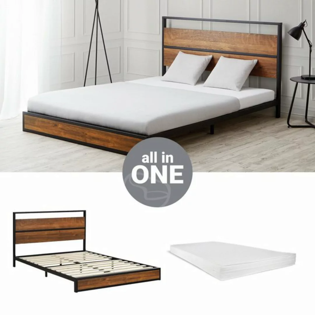 Homestyle4u Metallbett 140x200 Holz Doppelbett mit Kopfteil Schwarz Kiefer günstig online kaufen