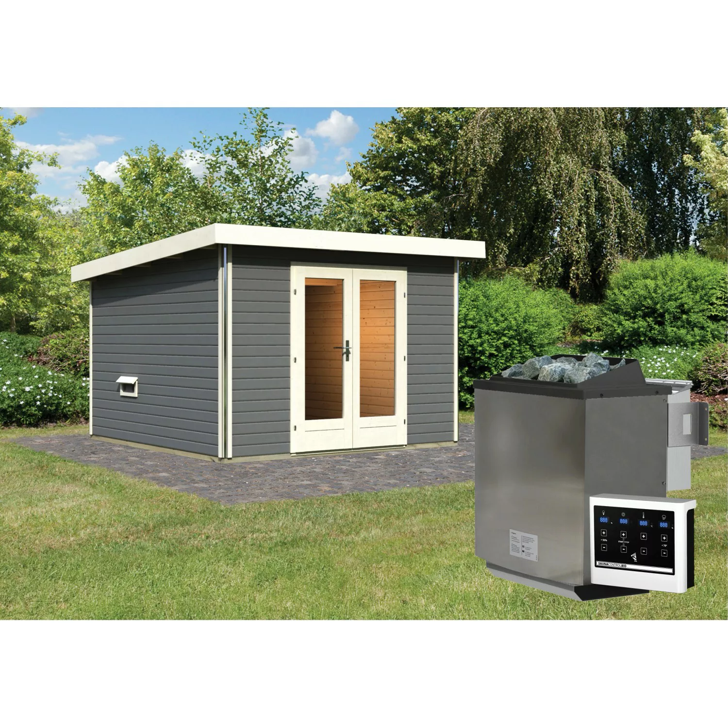 Karibu Saunahaus Magnus 1 Set B Terragrau mit Ofen 9 kW Bio ext. Strg. günstig online kaufen