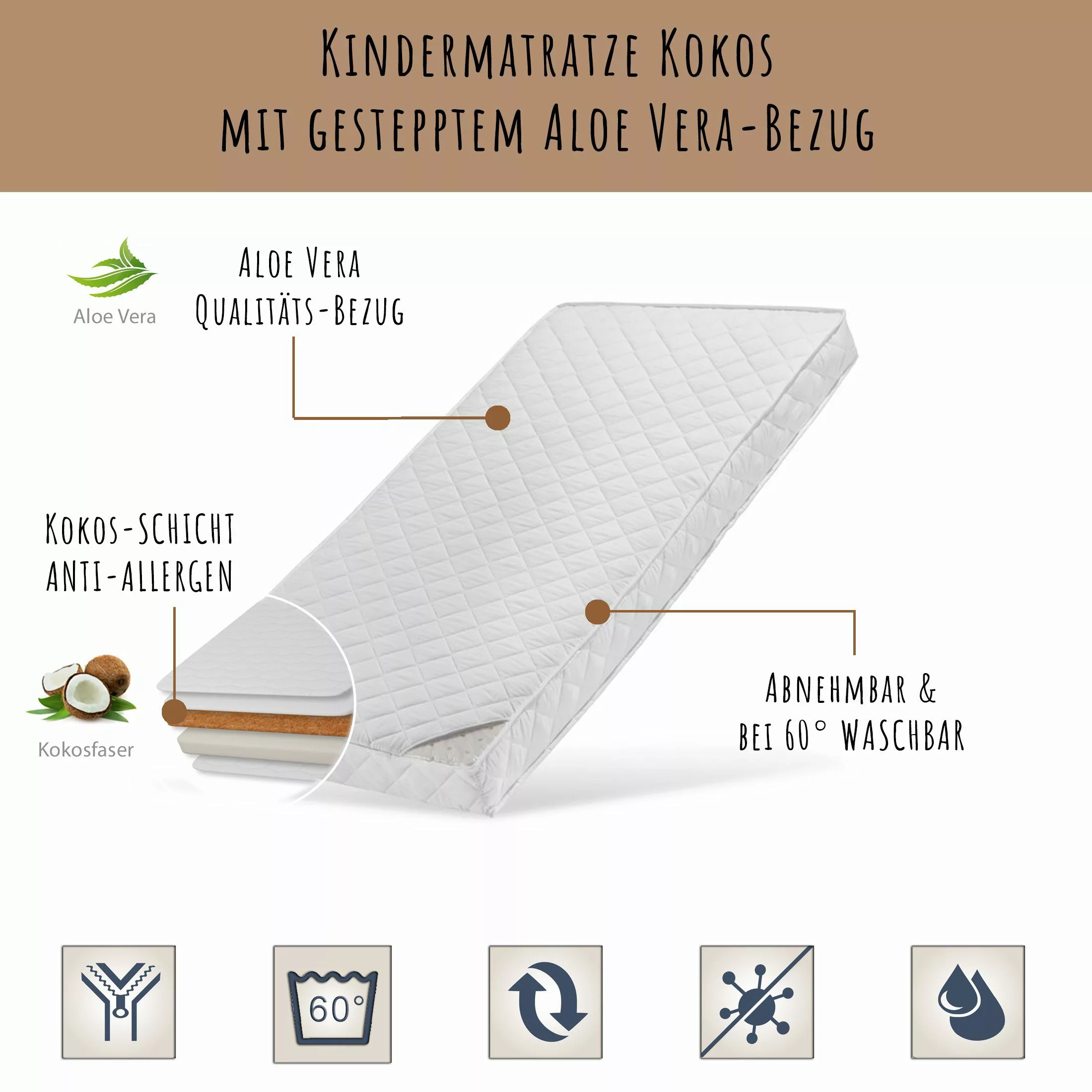Kindermatratze KOKOS mit gestepptem Aloe Vera-Bezug, günstig online kaufen
