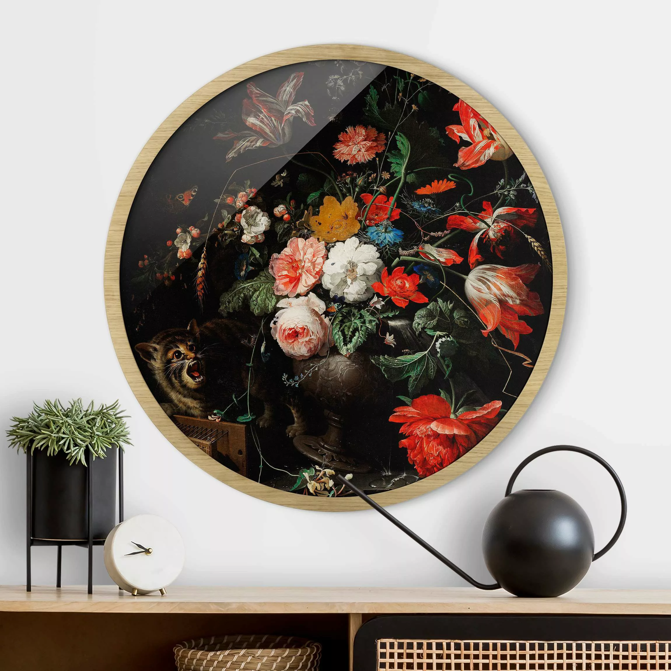 Rundes Gerahmtes Bild Abraham Mignon - Das umgeworfene Bouquet günstig online kaufen