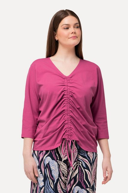 Ulla Popken Rundhalsshirt T-Shirt Raffung V-Ausschnitt 3/4-Arm Biobaumwolle günstig online kaufen