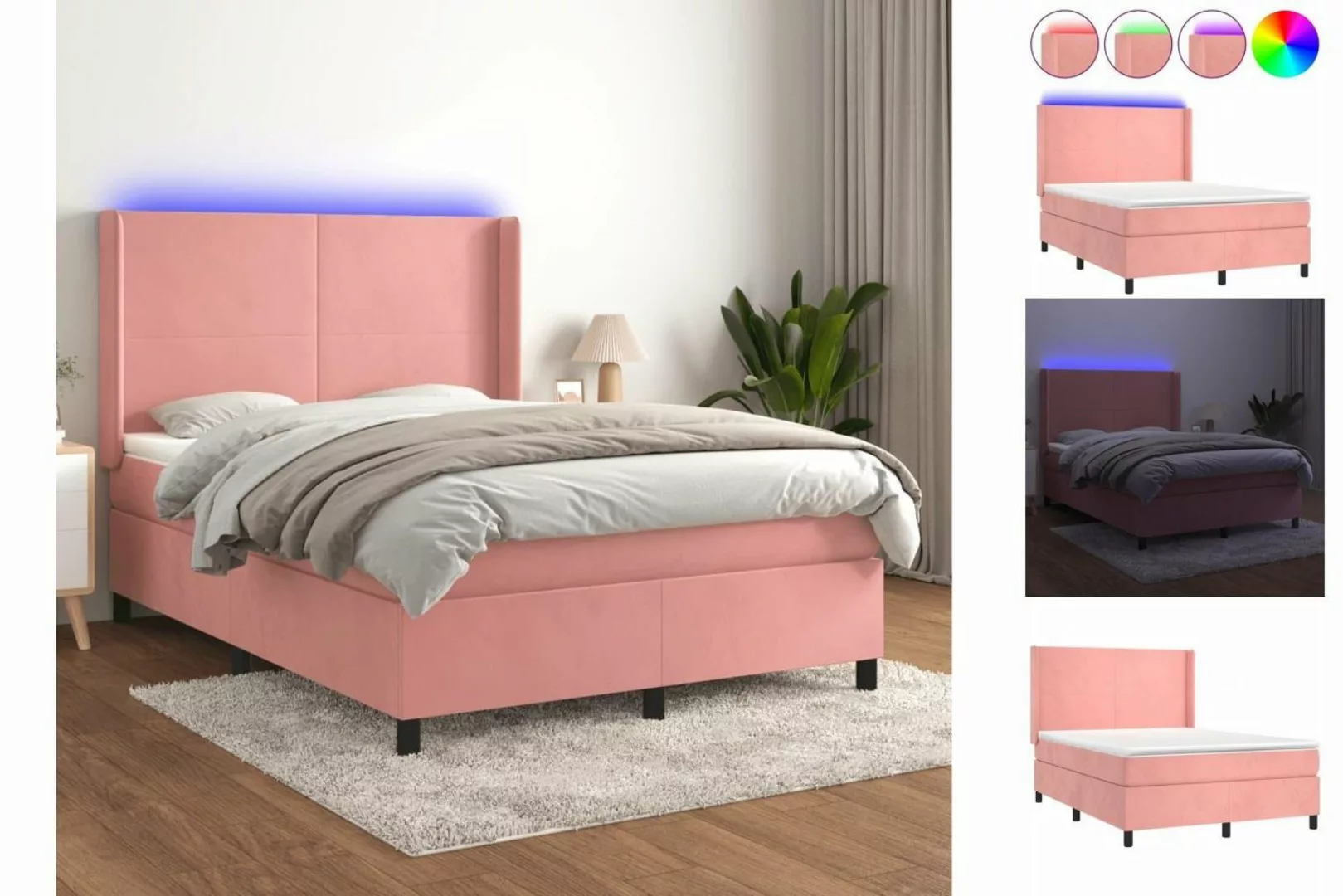 vidaXL Bettgestell Boxspringbett mit Matratze LED Rosa 140x190 cm Samt Bett günstig online kaufen