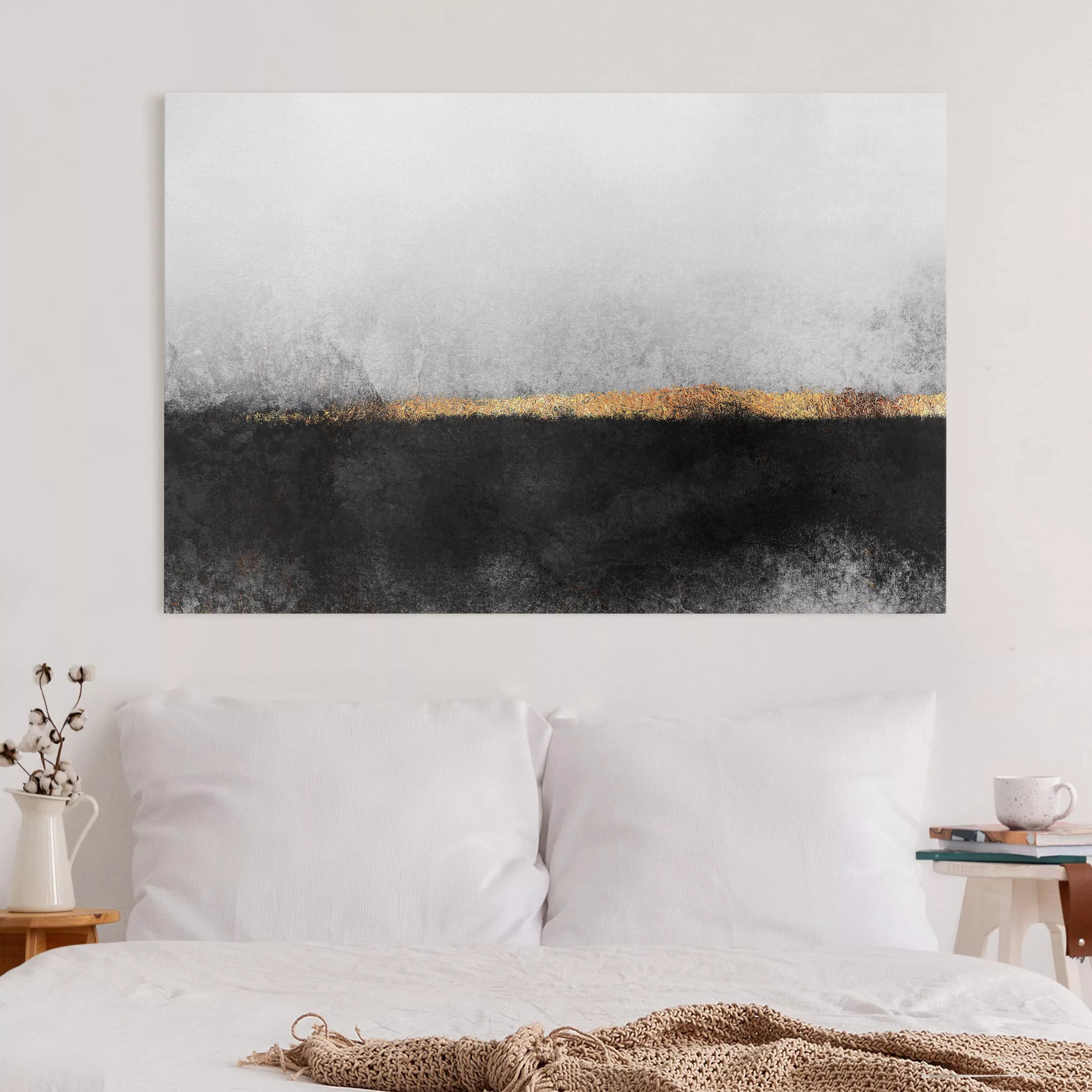Leinwandbild Abstrakt - Querformat Abstrakter Goldener Horizont Schwarz Wei günstig online kaufen