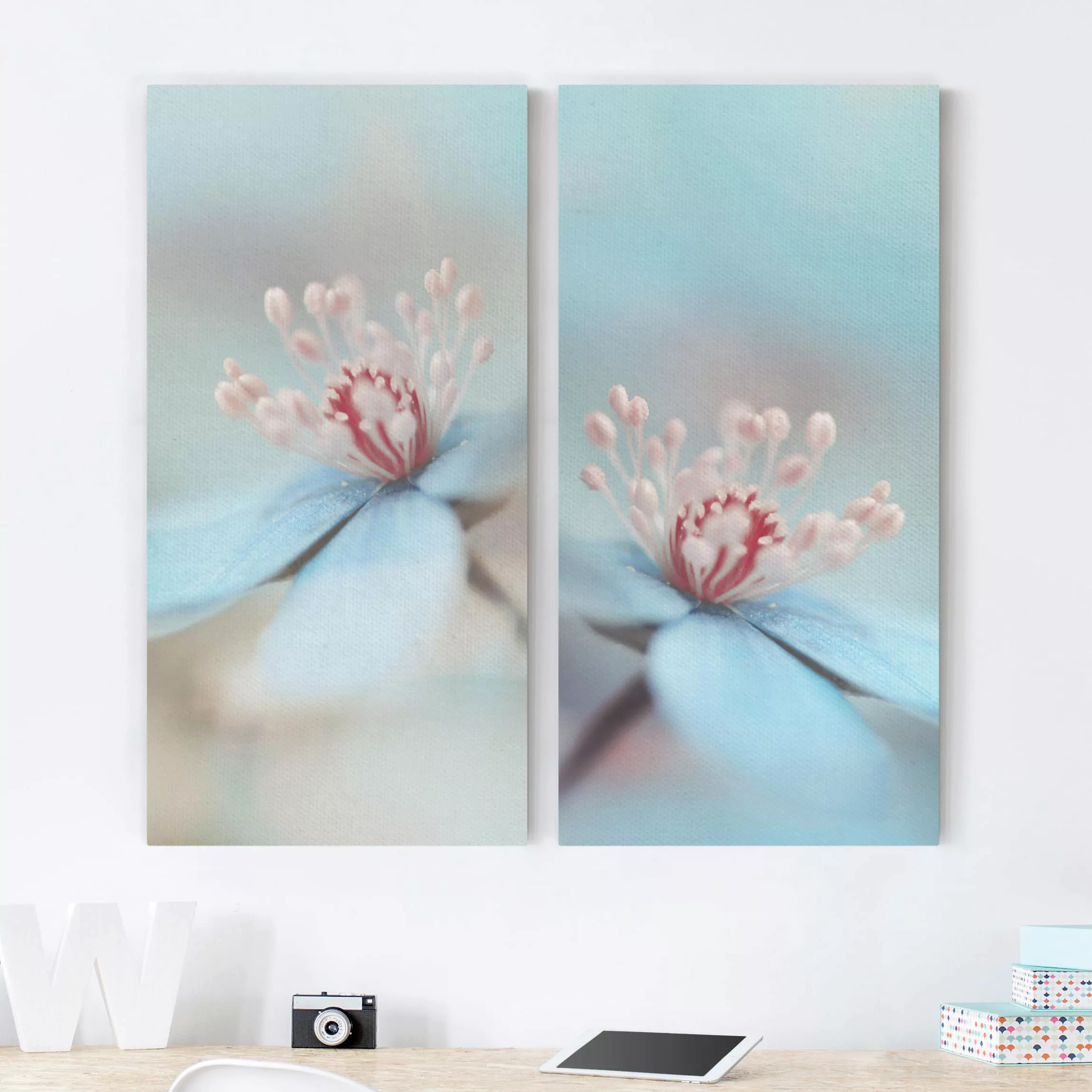 2-teiliges Leinwandbild Blumen - Hochformat Blüten in Hellblau günstig online kaufen