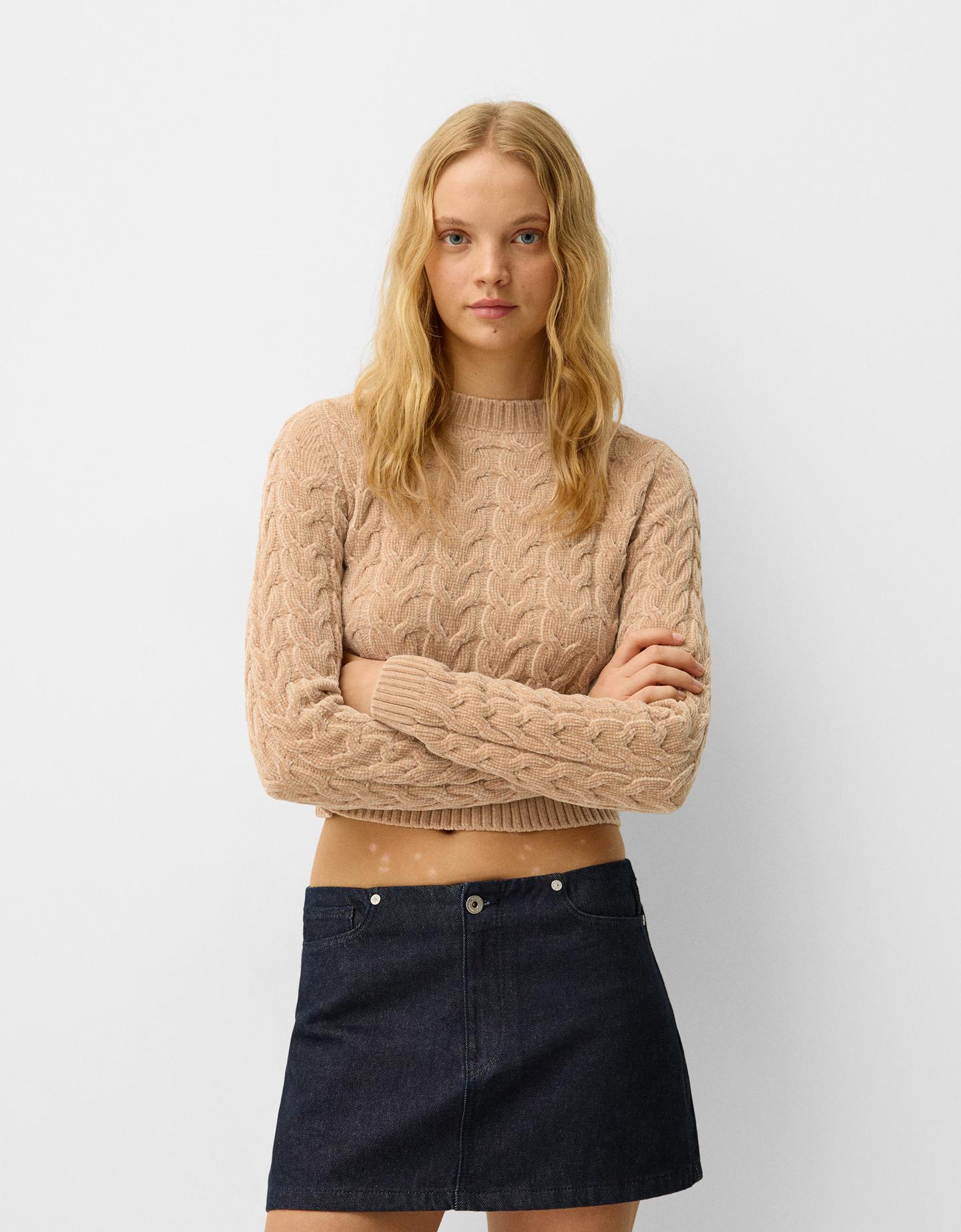 Bershka Chenille-Pullover Mit Flechtmuster Damen L Sandfarbe günstig online kaufen