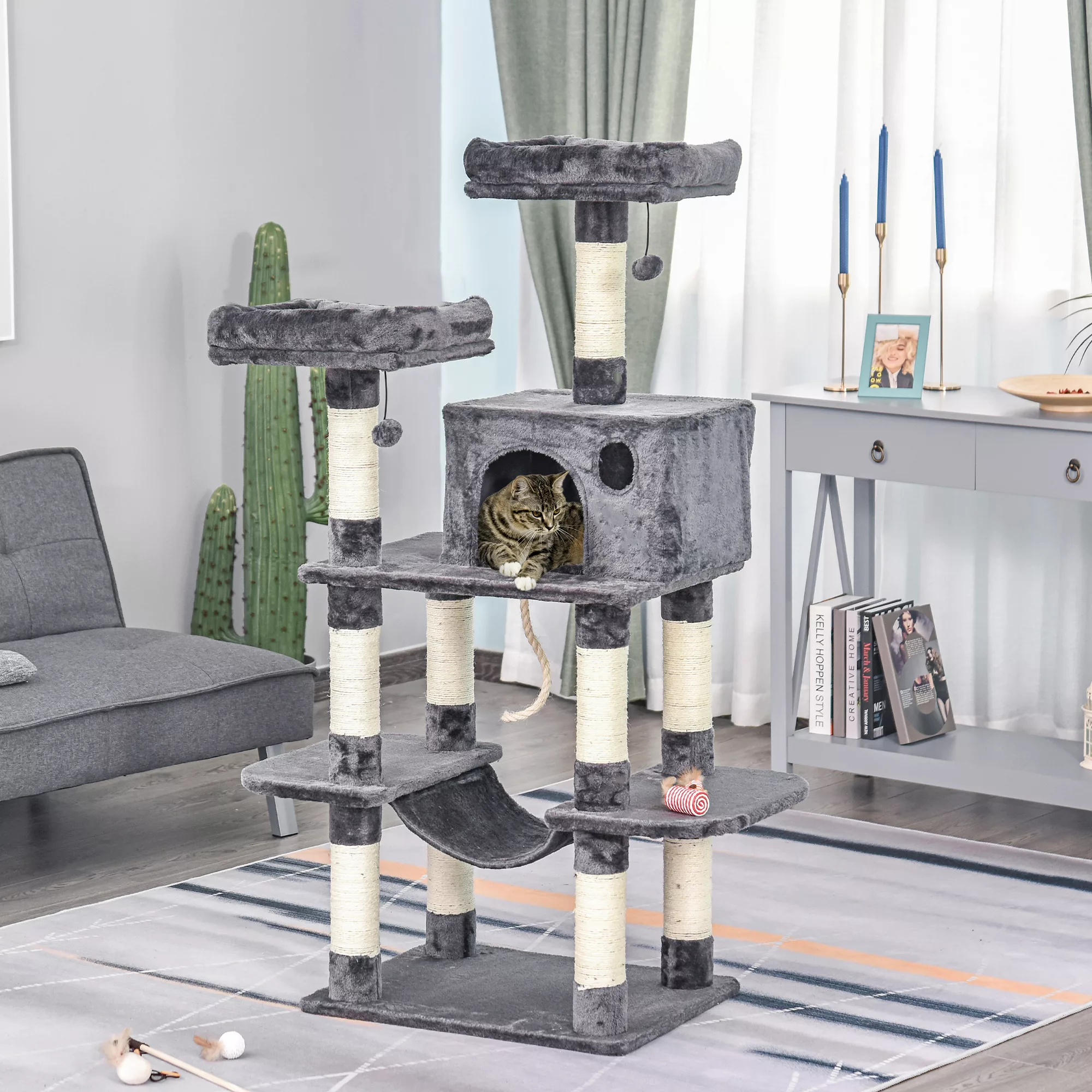 PawHut Katzenbaum Luxus  mit Hängematte, Kletterbaum, Katzenhaus, Dunkelgra günstig online kaufen