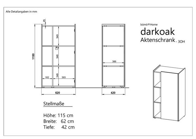 bümö Aktenschrank darkoak Büroschrank mit 3 Ordnerhöhen in graphit/eiche günstig online kaufen