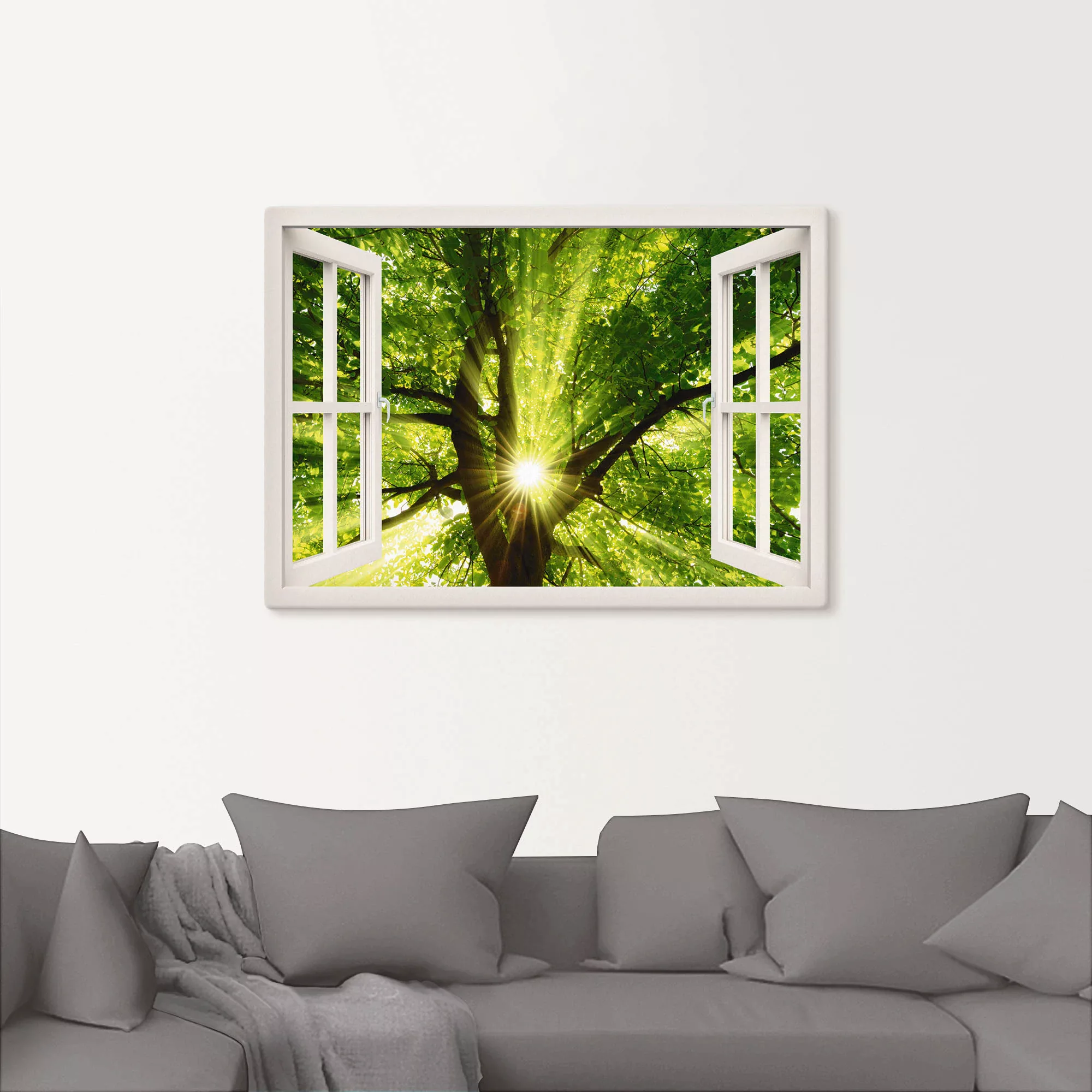 Artland Leinwandbild "Fensterblick Sonne strahlt durch Baum", Bäume, (1 St. günstig online kaufen