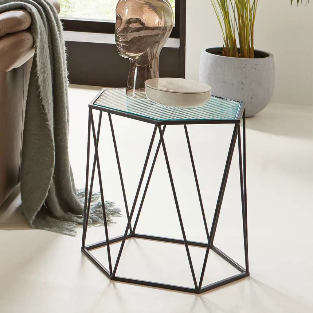 Beistelltisch mit Strukturglasplatte -Riffelglas Metall Hexagon Gestell günstig online kaufen