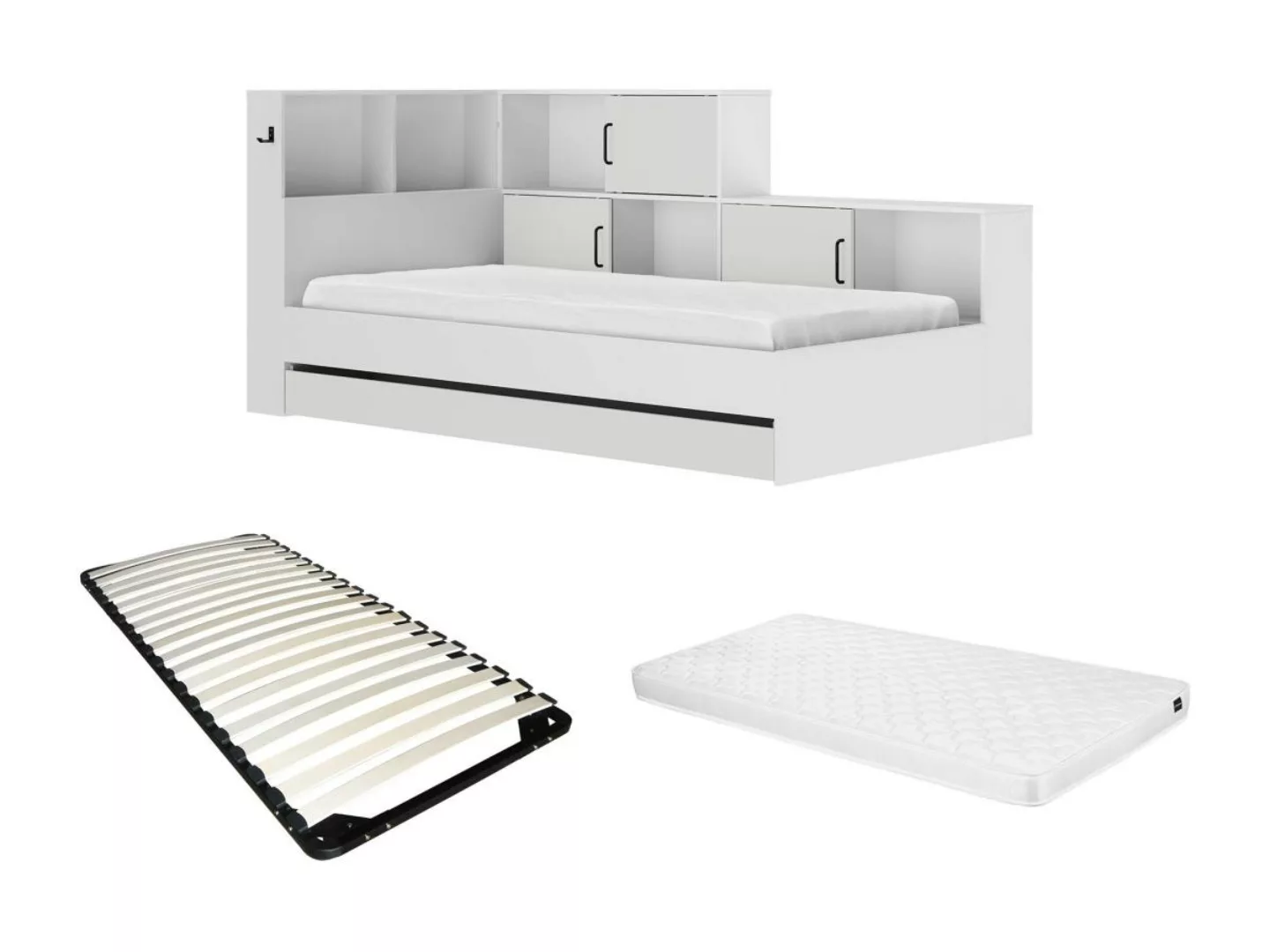 Bett mit Stauraum & Schublade - 90 x 200 cm - Weiß + Lattenrost + Matratze günstig online kaufen
