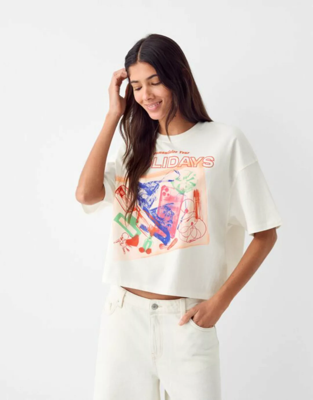 Bershka T-Shirt Mit Print Damen M Grbrochenes Weiss günstig online kaufen