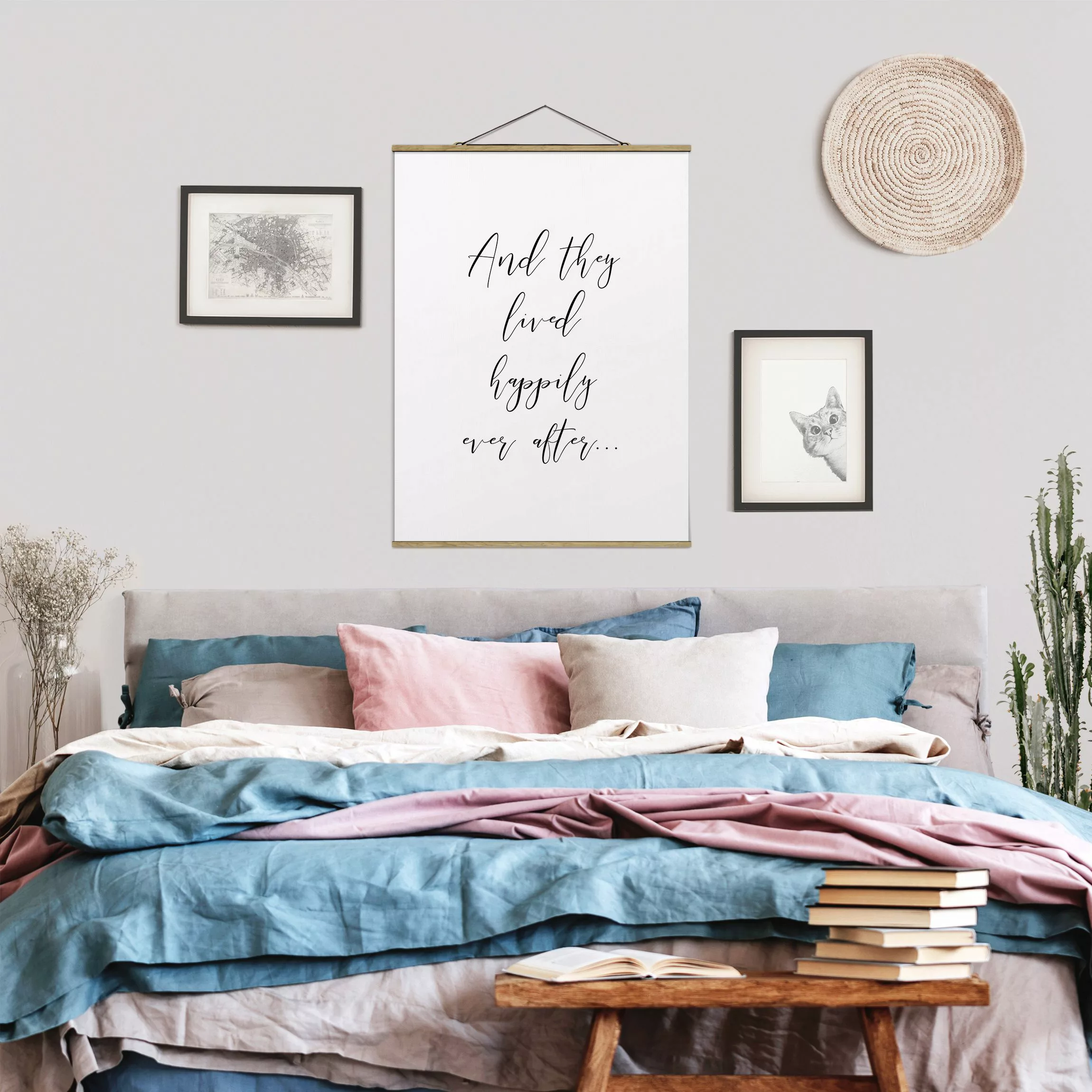 Stoffbild Spruch mit Posterleisten - Hochformat And they lived happily ever günstig online kaufen