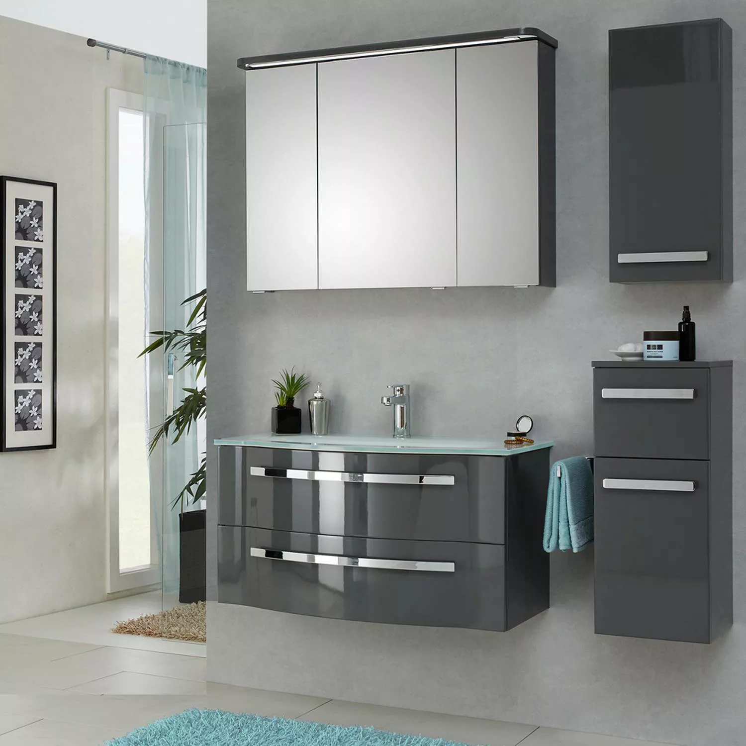 Badezimmermöbel Set mit 92cm Glaswaschtisch FES-4005-66 steingrau lackiert, günstig online kaufen