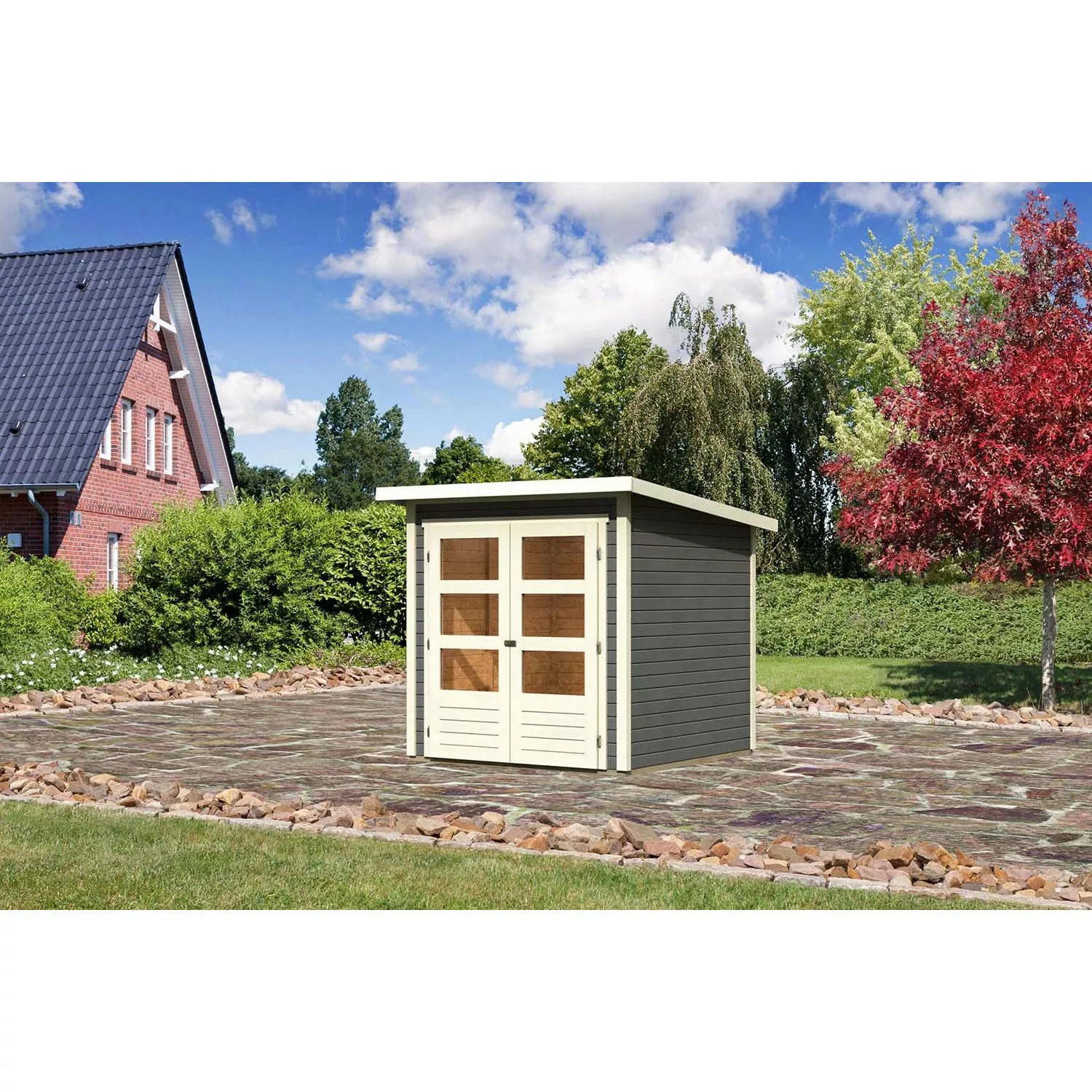 Karibu Holz-Gartenhaus Stockach Terragrau Pultdach Lackiert 182 cm x 182 cm günstig online kaufen