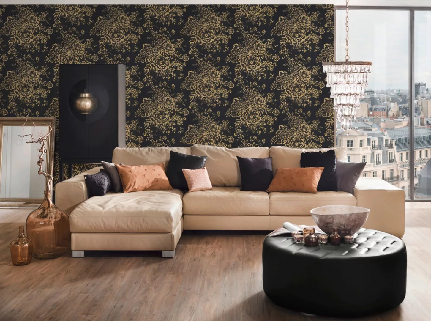 Bricoflor Textil Blumentapete Schwarz Gold Vlies Textiltapete mit Blumen im günstig online kaufen