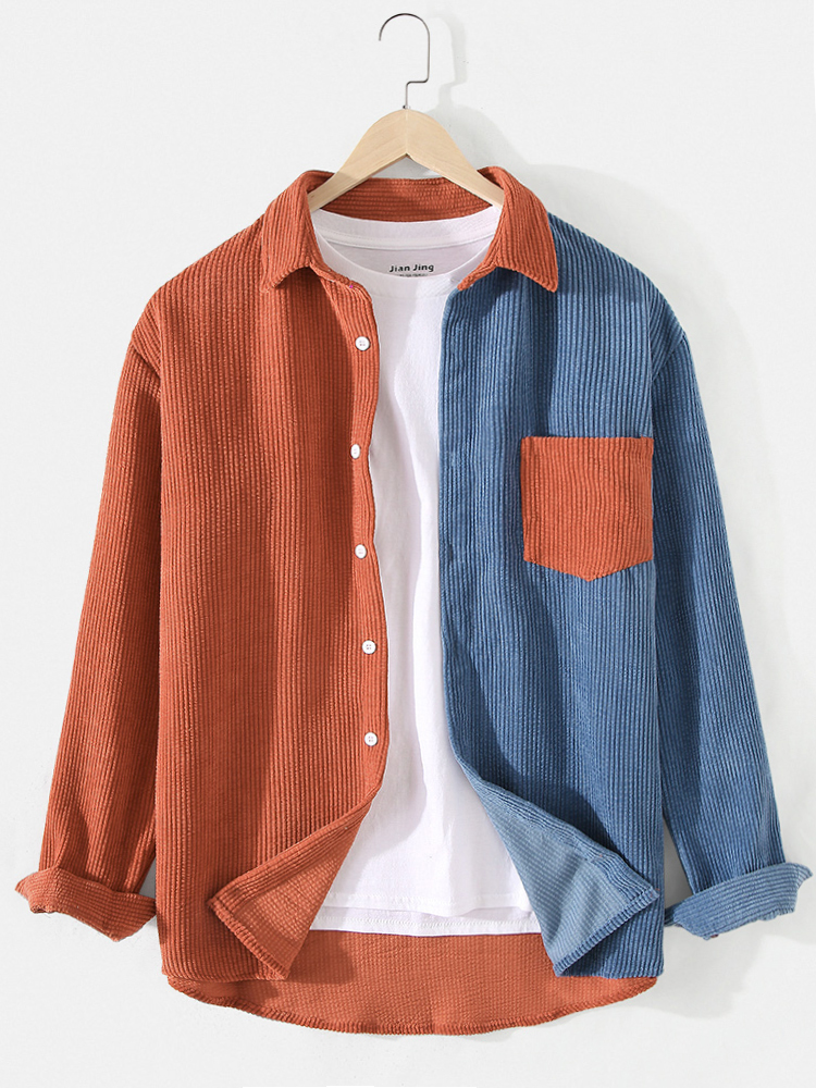 Herren Patchwork Cord Kontrastfarbe Revers Langarmhemden mit Tasche günstig online kaufen