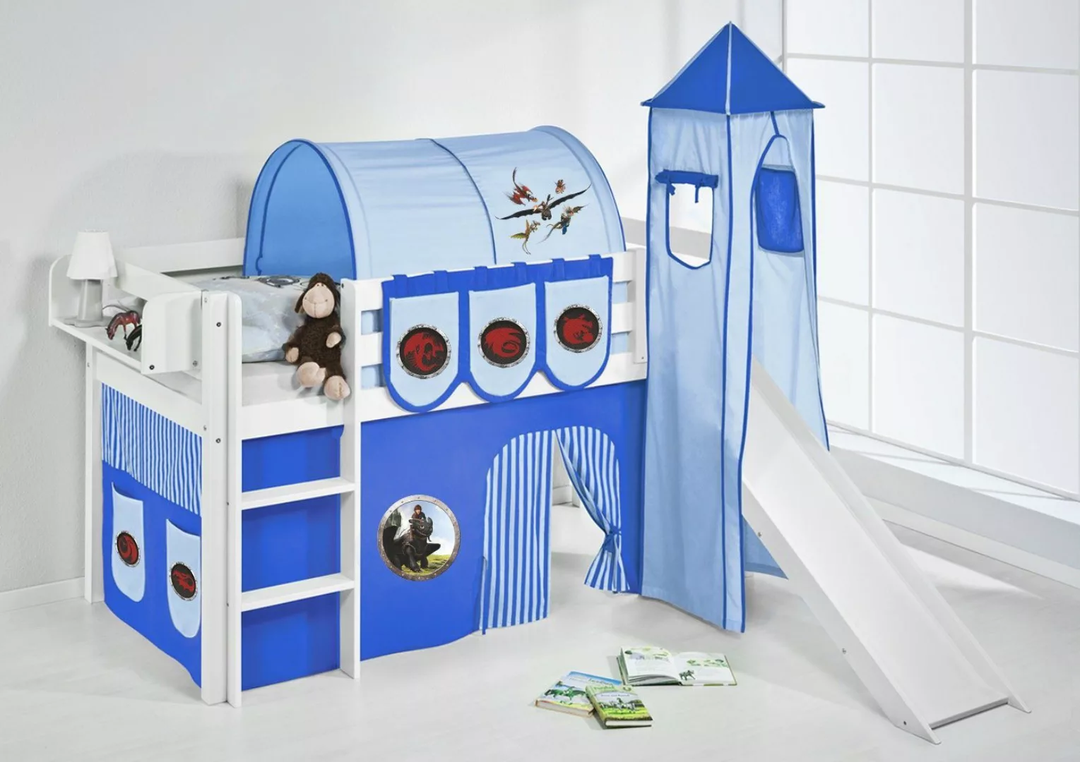 Lilokids Kinderbett Spielbett Dragons blau JELLE - mit Rutsche & Vorhang & günstig online kaufen