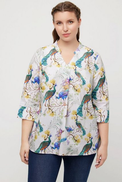 Ulla Popken Longbluse Bluse Pfauen Stehkragen V-Ausschnitt 3/4-Arm günstig online kaufen