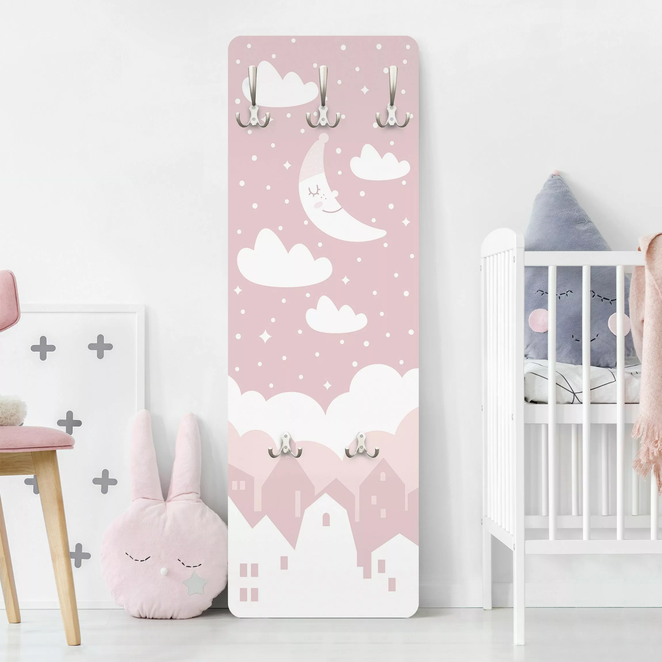 Wandgarderobe Holzpaneel Kinderzimmer Sternenhimmel mit Mond rosa günstig online kaufen