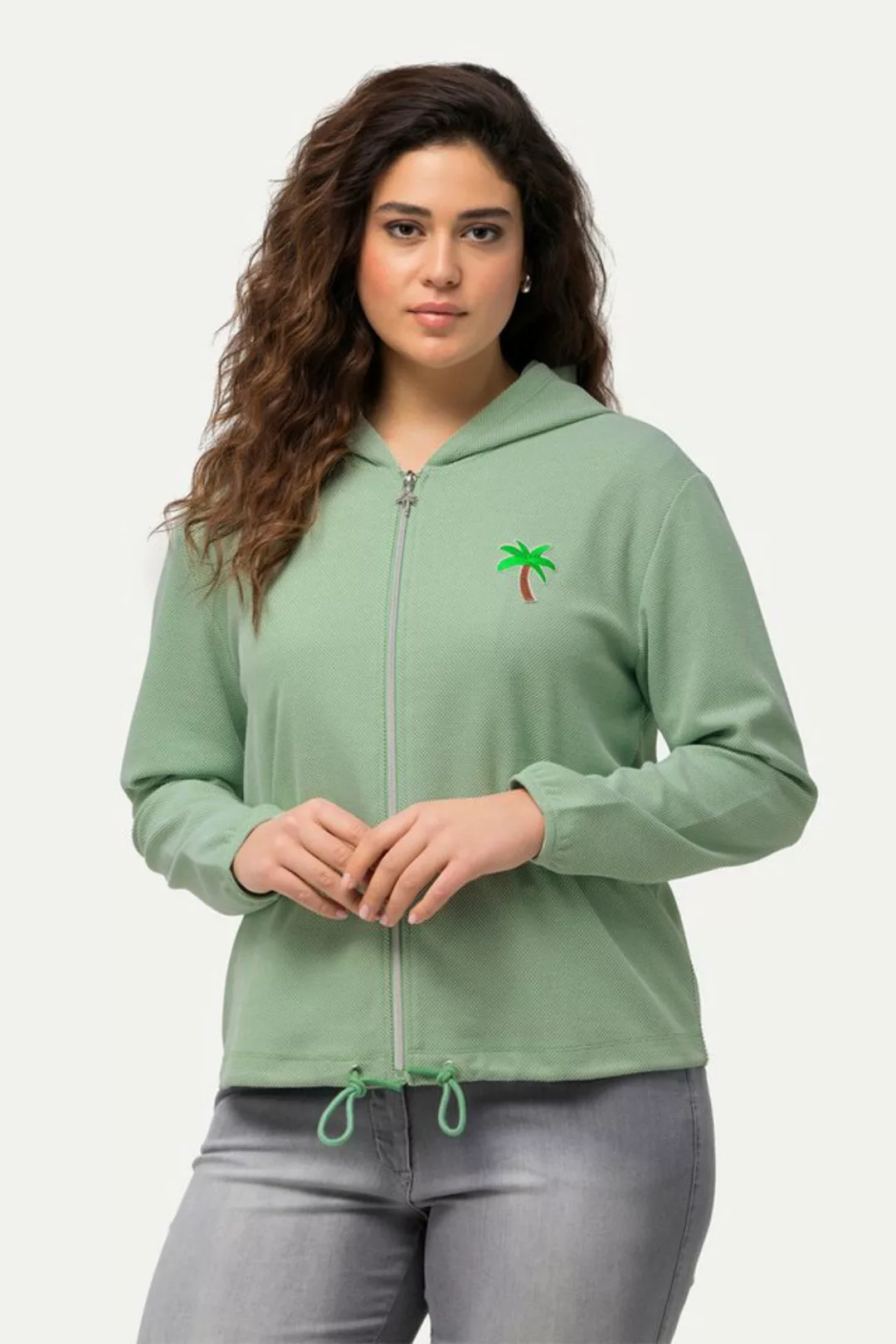 Ulla Popken Sweatjacke Sweatjacke Piqué-Struktur Kapuze Kaktus-Stickerei günstig online kaufen