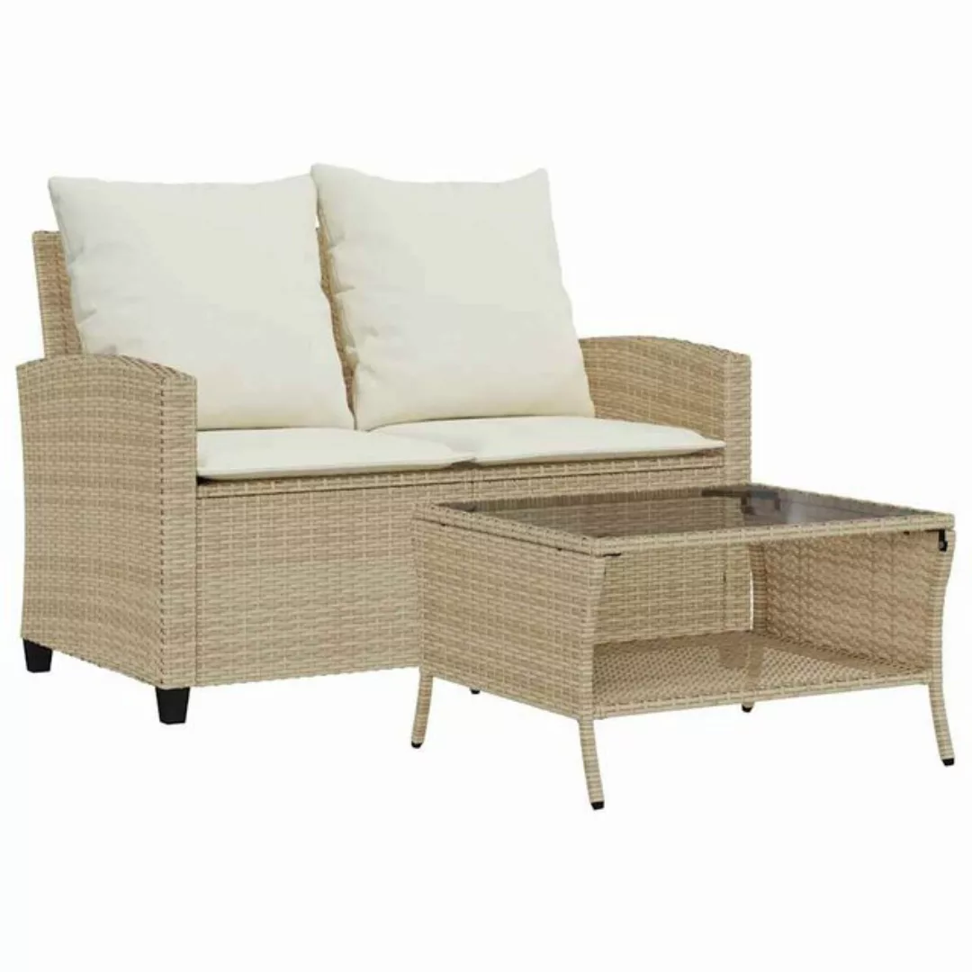 vidaXL Loungesofa Gartensofa 2-Sitzer mit Kissen & Tisch Beige Poly Rattan, günstig online kaufen