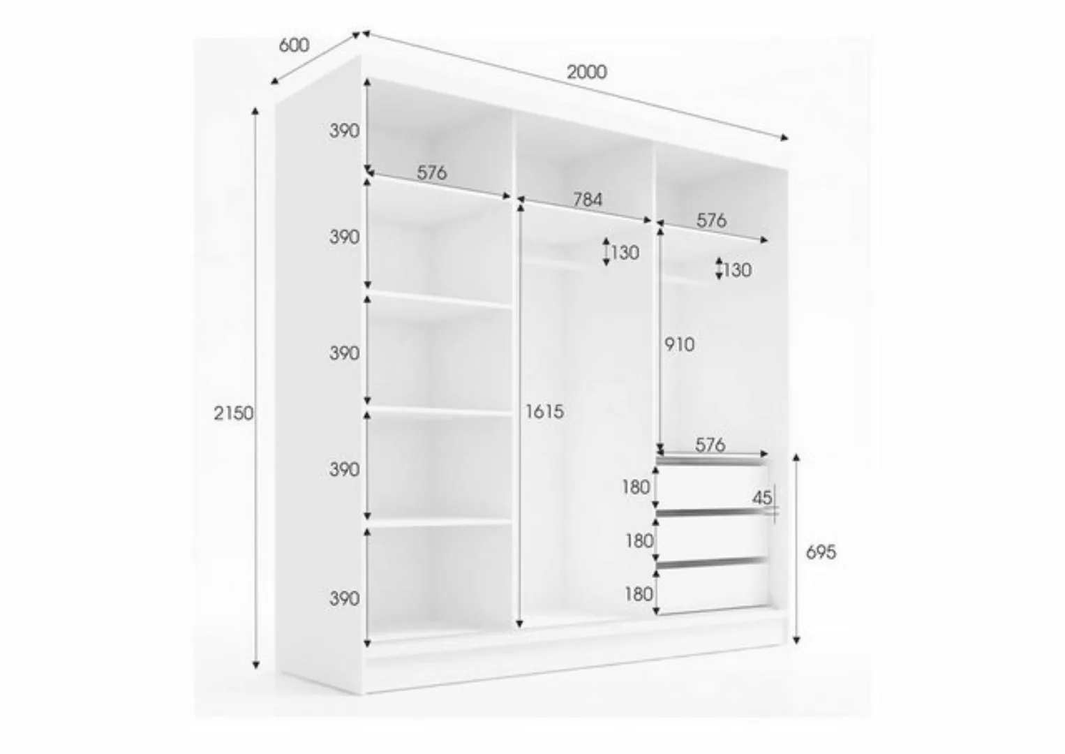 A&J MöbelLand GmbH Schwebetürenschrank LINA mit 3 Schubladen, 3D-Lamellen u günstig online kaufen