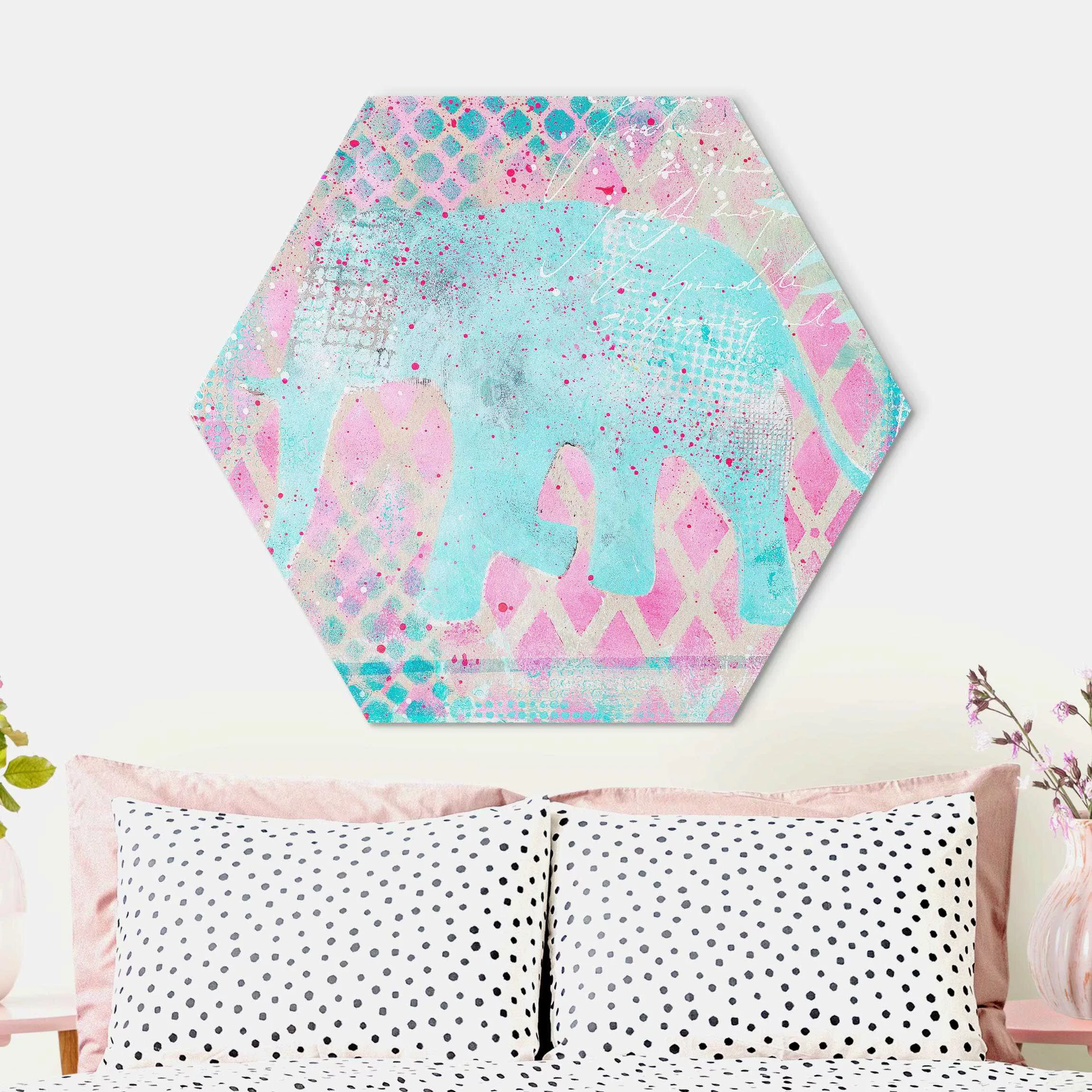 Hexagon-Alu-Dibond Bild Bunte Collage - Elefant in Blau und Rosa günstig online kaufen