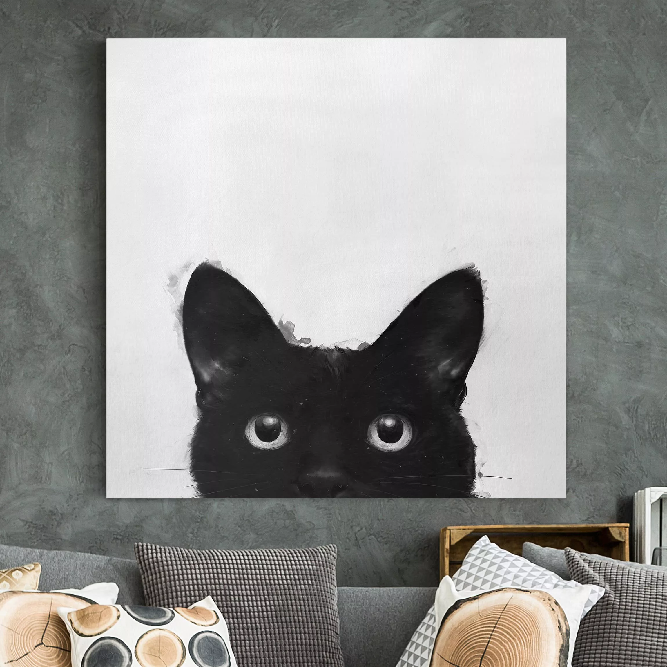Leinwandbild Tiere - Quadrat Illustration Schwarze Katze auf Weiß Malerei günstig online kaufen