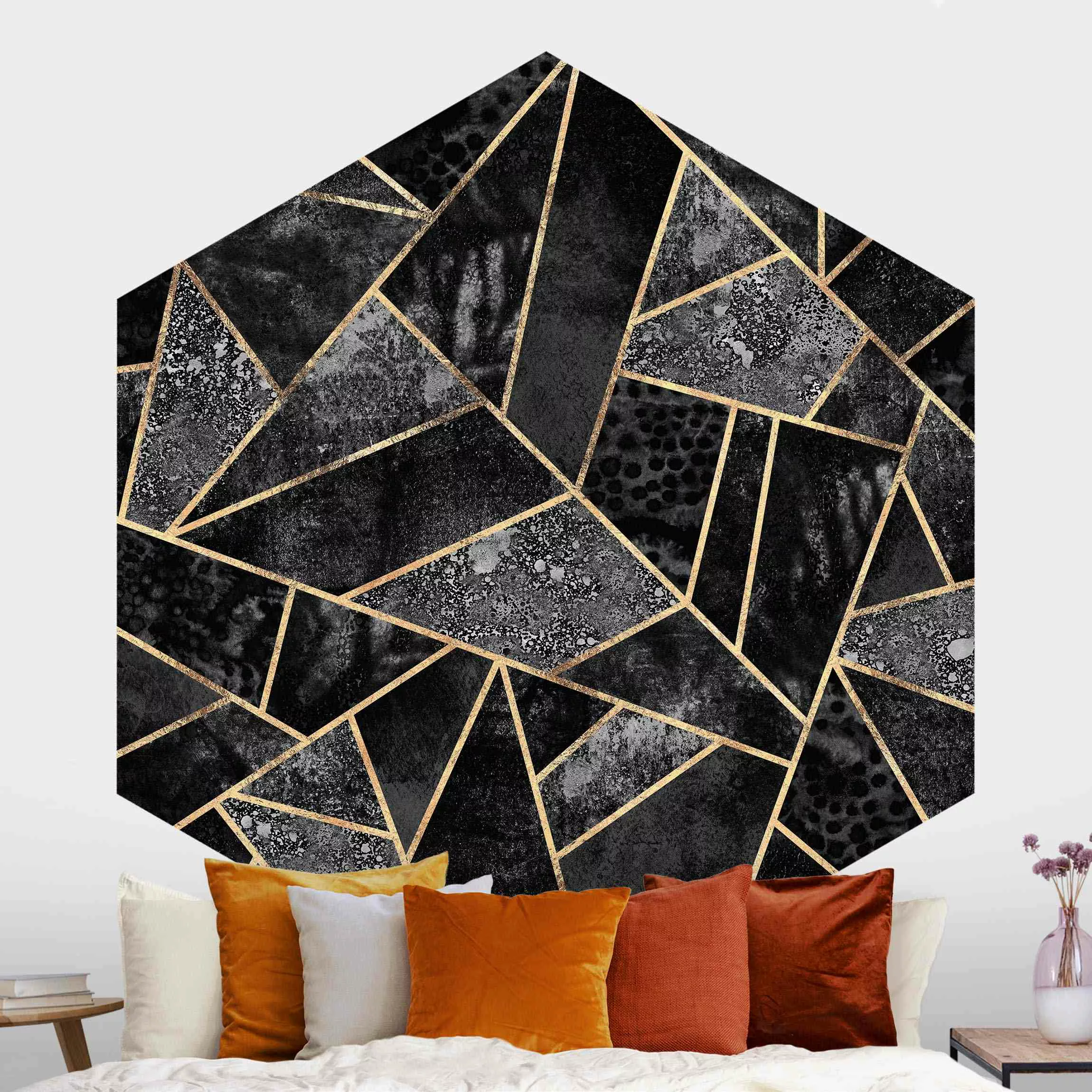 Hexagon Mustertapete selbstklebend Graue Dreiecke Gold günstig online kaufen