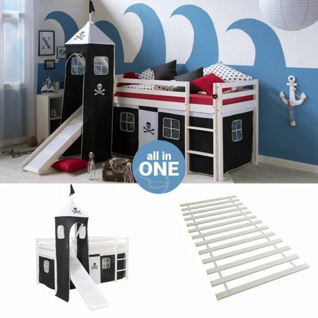Homestyle4u Hochbett 90x200 cm Kinderbett Weiß mit Vorhang Spielbett für 1 günstig online kaufen