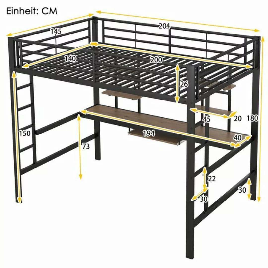 Flieks Hochbett Metallbett Kinderbett mit Schreibtisch & Regal 140x200cm oh günstig online kaufen