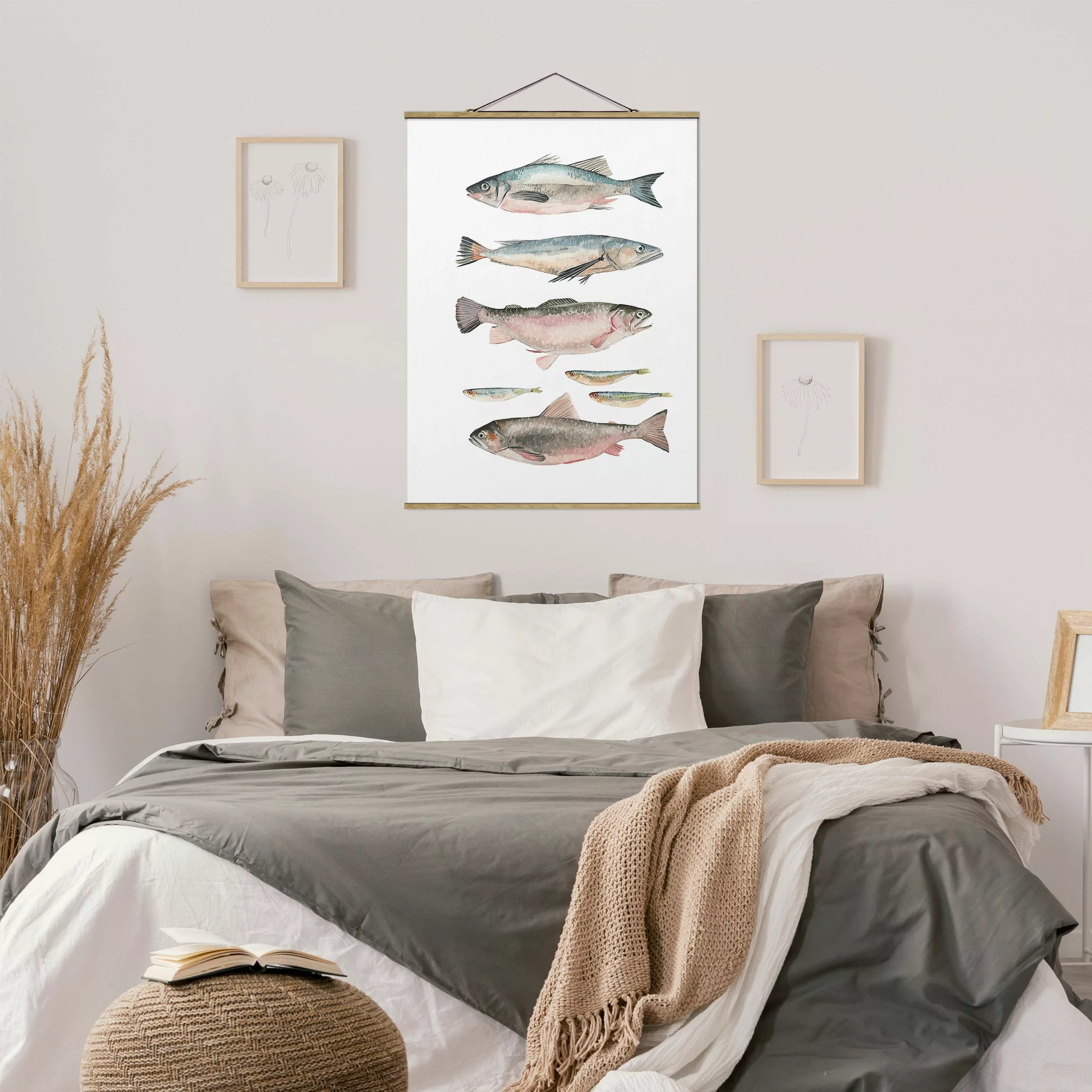 Stoffbild Tiere mit Posterleisten - Hochformat Sieben Fische in Aquarell I günstig online kaufen
